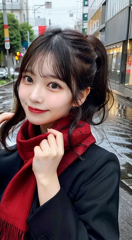 30 year old Japanese woman、Very adorable and cute、Narrow eyes、Deep-set eyelids、Black jacket、Red scarf、Upper Body Shot、A mole on the mouth、Wave、ponytail、Hide your chest、in the rain、high resolution、A shy smile、Holding an umbrella