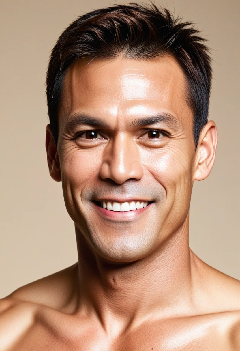 photo, 8k, sharp focus, male actor, lightbrown hair, brown skin, handsome, ikemen, 45yo, mixed with American and japanese, heavy weight, beautiful detailed eyes, short hair, center parted bangs, thick waist, large eyes, celeb, thin eyebrow, brown eyebrow, male black bikini, topless, fullbody, smile