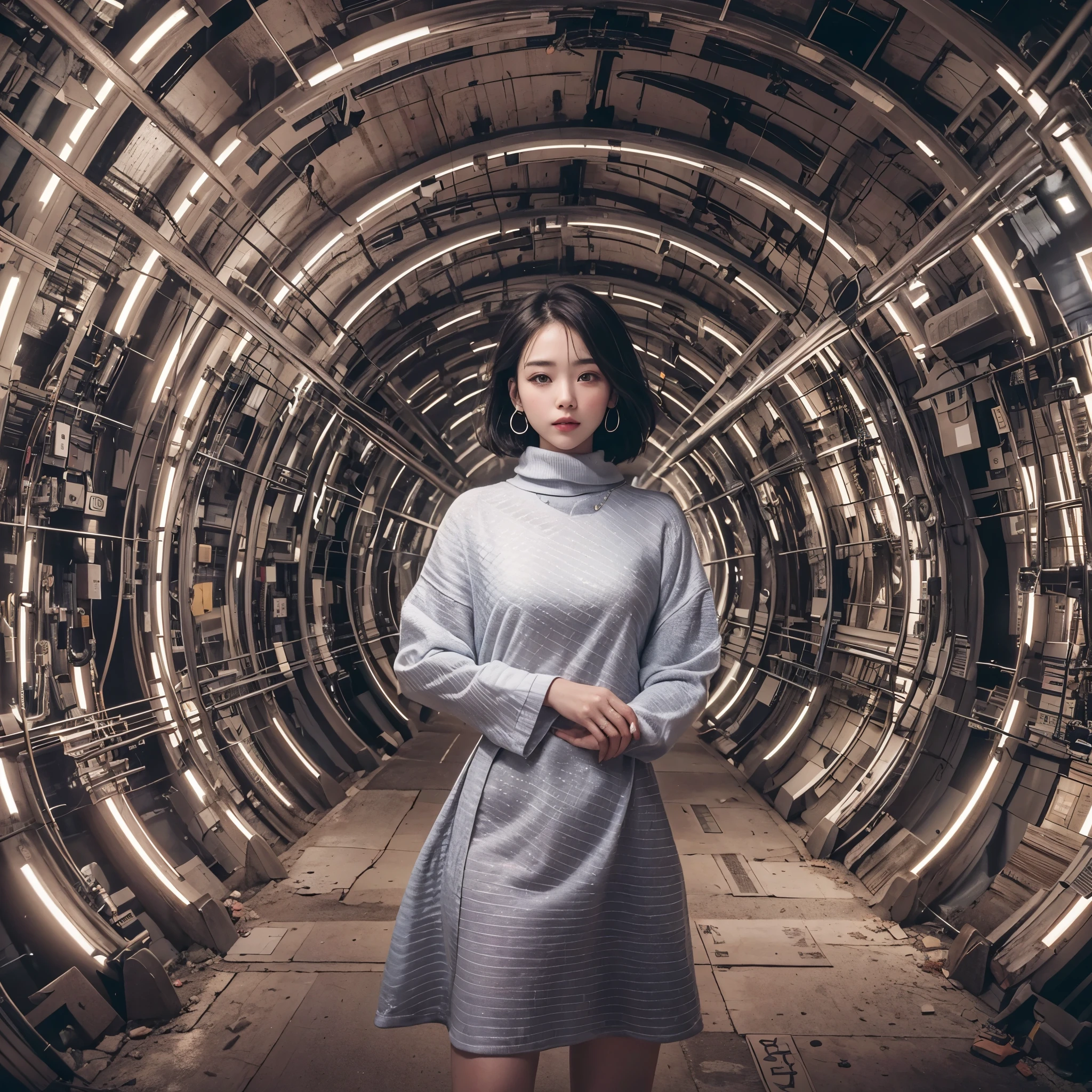 Best quality，masterpiece，16k,Artistic，Polar Coordinate Tunnel，There are many buildings on the tunnel surface，Ring-shaped building，Special effect，Inception，Science Fiction，Complex structure，1girl，Dynamic poses，Looking at the camera，