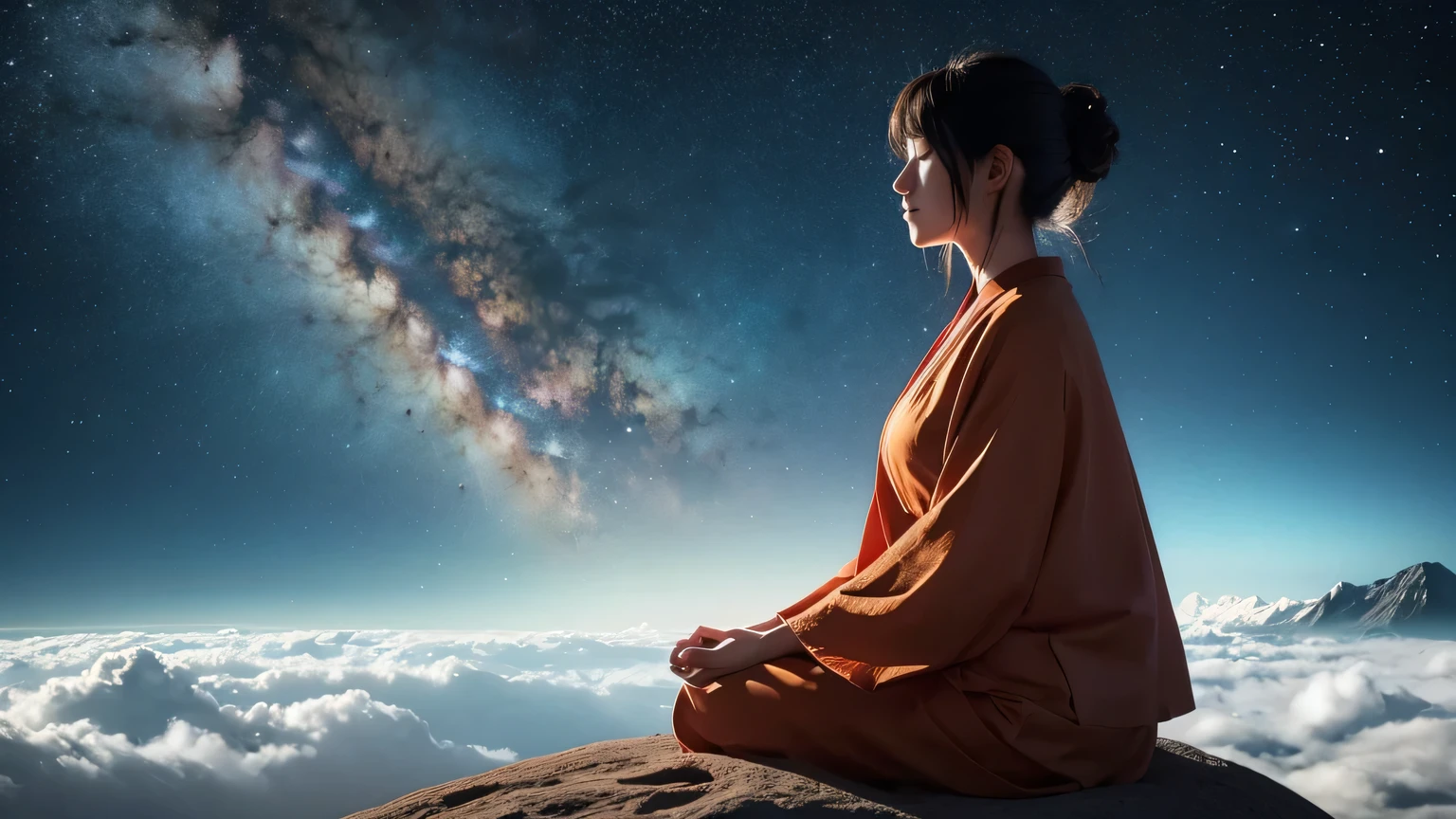 In meditation position座っている女性,vista traseira da mulher moderna oriental,roupas azuis。vela na frente das estrelas, The soul of an elf meditating in space, sitting in a cosmic cloudscape, spiritual enlightenment, Meditating, Powerful woman sitting in space, Meditation Phase of Hinduism, cosmic illumination, Meditation in the lotus position, noite calma. digital illustration, In meditation position, meditation, In meditation position, Healing glowing lamp roupas azuis