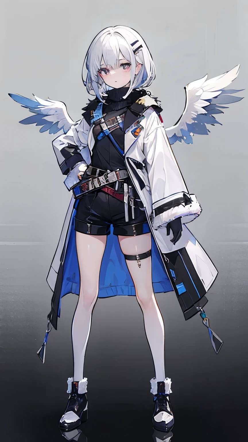 ((masterpiece, highest quality)), Detailed face, whole body, whiteのテーマ、Two angel wings from his waist、white色の背景, Standing in the Wilderness,Very detailed, One girl、Two small wings on the head,Medium hair,white_hair,Colored inner hair,Hair Clip,turtleneck,Fur coat,Overcoat,Fur-trimmed sleeves,Short shorts,Thigh straps,Ankle socks,Ankle boots,Food,elongated pupils,Silver Eyes,Detailed and sophisticated,Absurd,深さ of field,Legwear with ribbon trim,He has a giant rifle decorated with feathers.