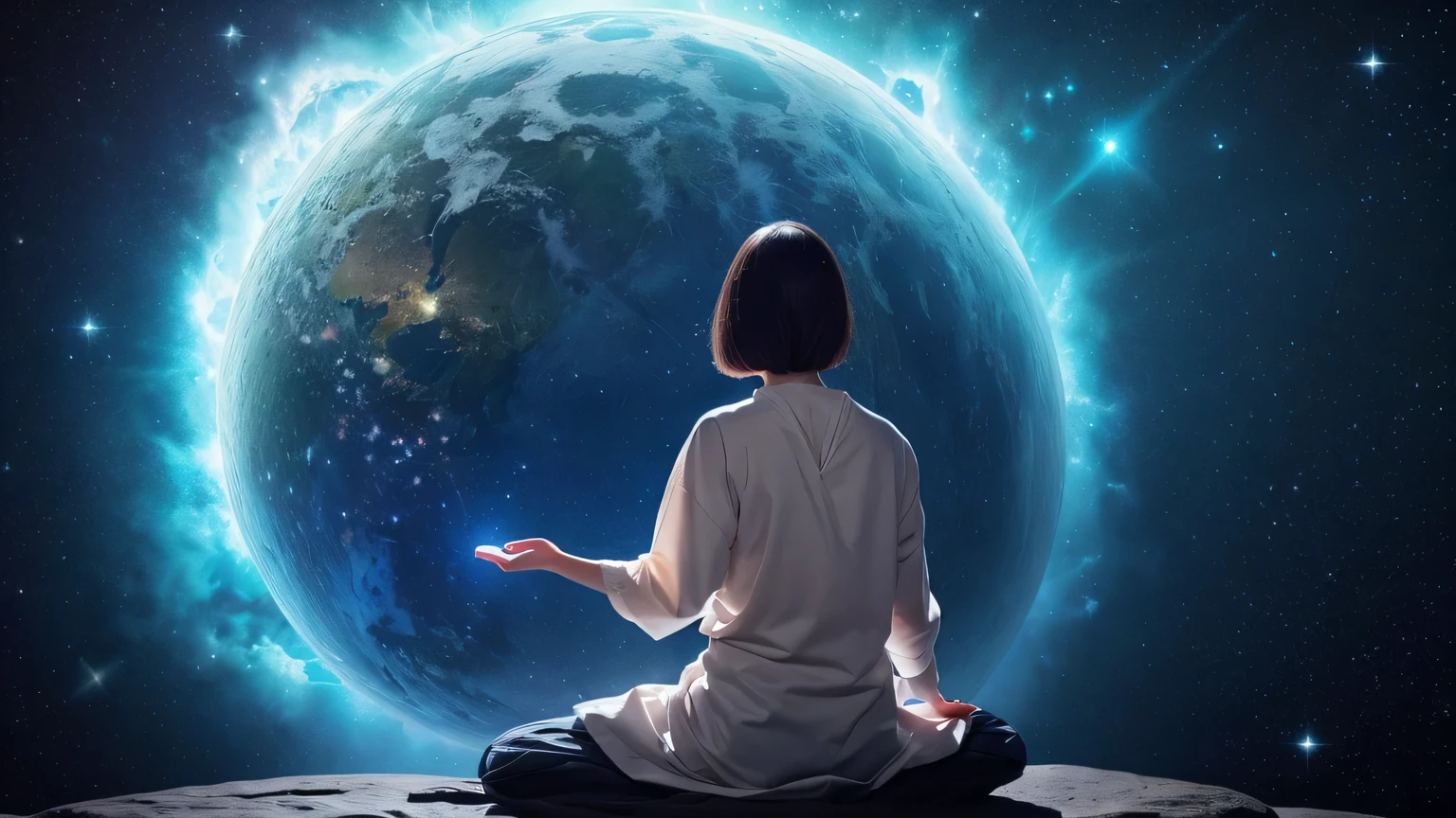 In meditation position座っている女性，vista traseira da mulher moderna oriental，roupas azuis。vela na frente das estrelas, The soul of an elf meditating in space, sitting in a cosmic cloudscape, spiritual enlightenment, Meditating, Powerful woman sitting in space, Meditation Phase of Hinduism, cosmic illumination, Meditation in the lotus position, noite calma. digital illustration, In meditation position, meditation, In meditation position, Healing glowing lamp roupas azuis