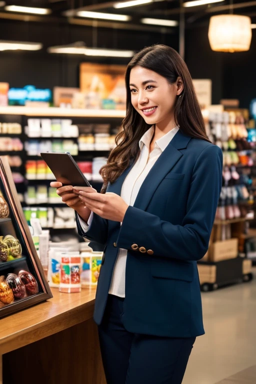 A livestream retailer standing confidently in a modern, well-lit studio, dressed in a professional business attire. The retailer is mature, exuding trustworthiness and professionalism, with a friendly and approachable demeanor. The background includes shelves neatly organized with products, a professional camera setup, and soft ambient lighting enhancing the scene. The retailer is engaging with the audience, smiling and holding a product while explaining its features. The image should have intricate fine details, hyper-realistic textures, and a warm, inviting atmosphere. HDRI for dynamic lighting, 32k UHD resolution, rendered with Blender, capturing every nuance of the scene.