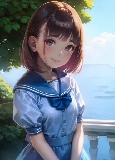 Yuriko did it (A million people live), 1 girl, alone, highest quality, Tabletop, 8k, High resolution, Super detailed, Outdoor、Daytime, Light Smile, Light blue dress, Sailor Color Dress, Short sleeve, Puffy sleeves, Yellow cardigan,
