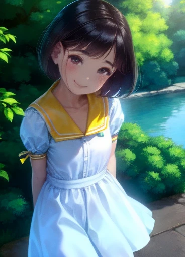 Yuriko did it (A million people live), 1 girl, alone, highest quality, Tabletop, 8k, High resolution, Super detailed, Outdoor、Daytime, Light Smile, Light blue dress, Sailor Color Dress, Short sleeve, Puffy sleeves, Yellow cardigan,