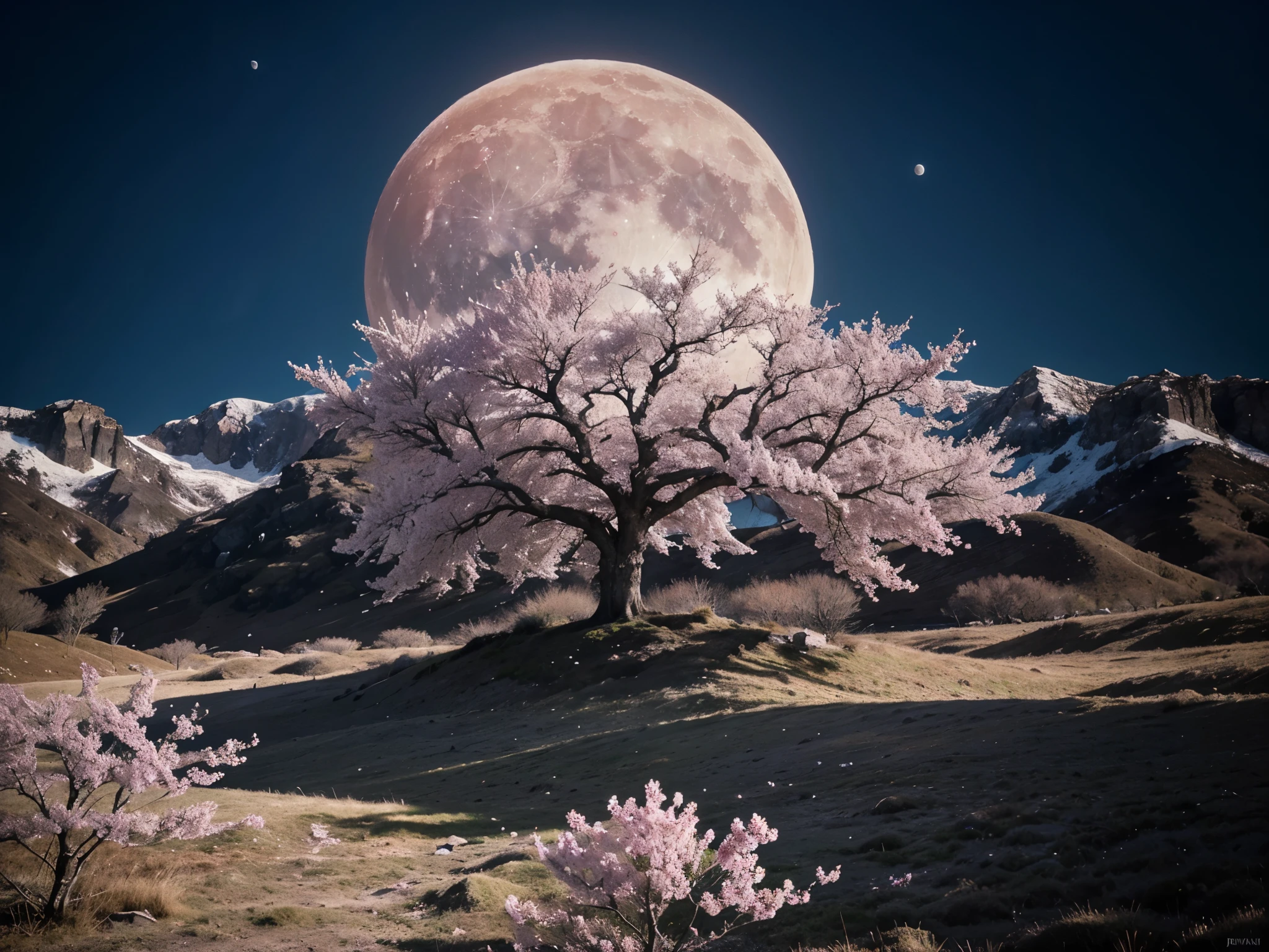 The image is a digital painting set against a mystical landscape. The scene is dominated by a massive, pale moon or celestial body that fills the sky, radiating soft light. This moon appears to be close to the viewer, as its surface shows subtle spots or positioned like a viewing point amidst the rugged terrain. Surrounding the area are twisted, gnarly trees that appear to be cherry blossoms. Their pink-red blossoms are scattered by a breeze, creating a shower of petals that dance around the scene. This ethereal atmosphere is further enhanced by the presence of birds – possibly crows or ravens – that soar around the sky, their dark silhouettes contrasting sharply against the bright backdrop of the moon.

The overall color palette is dominated by cool blues and grays, with touches of pink-red from the cherry blossoms, giving the artwork a serene, dreamlike quality. 

The image invokes feelings of introspection, serenity, and the timeless beauty of nature.