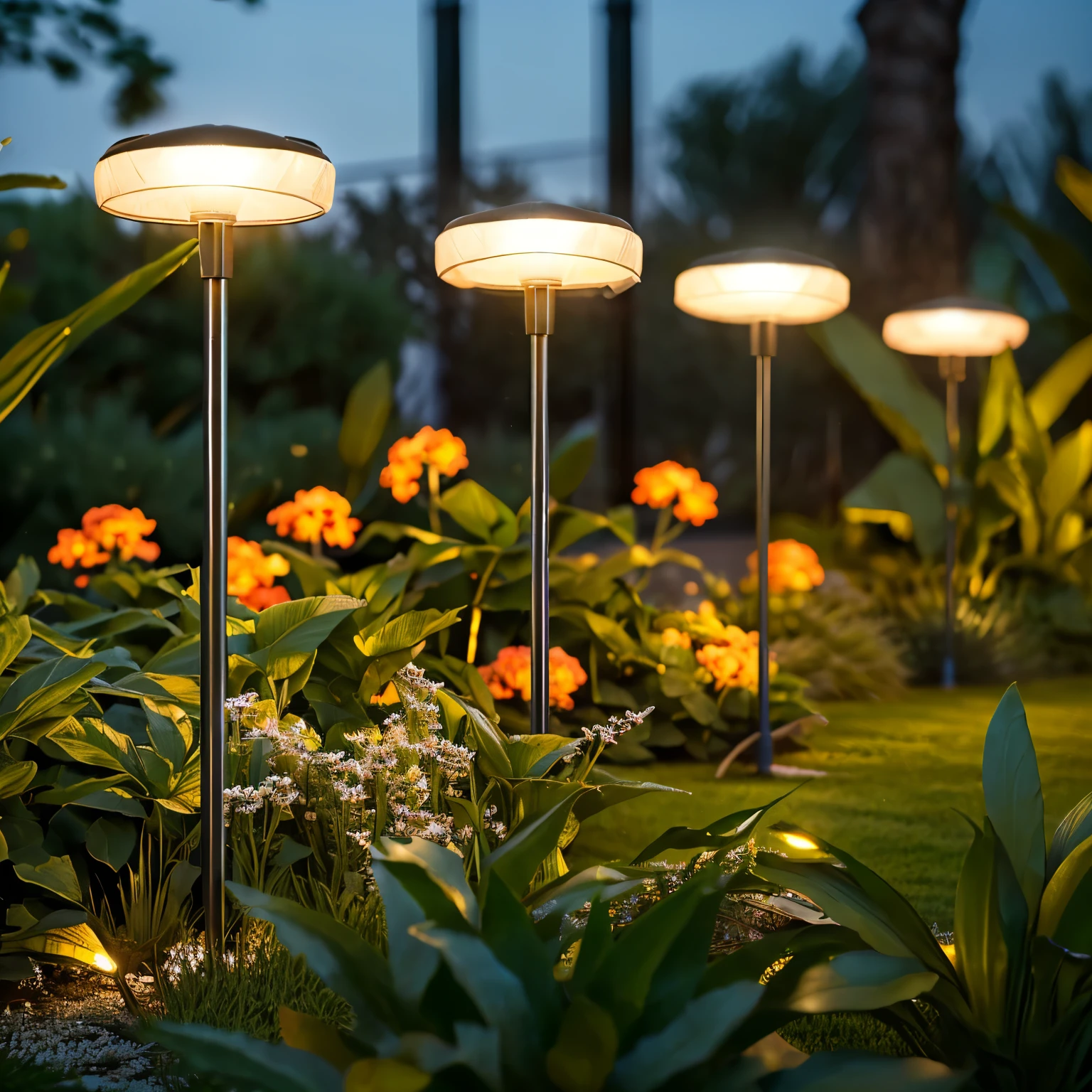 Three lights on the grass, soft blur outdoor lighting, soft filtered outdoor lighting, outdoor lighting, outdoor lighting, lamps on ground, cinematic outdoor lighting, outdoors at night, Luminous Lights, Ambient lighting at night, Night lights, Blooming Lights, Light up the area, Summer lighting, Bright ambient lighting, Charming glowing lamp