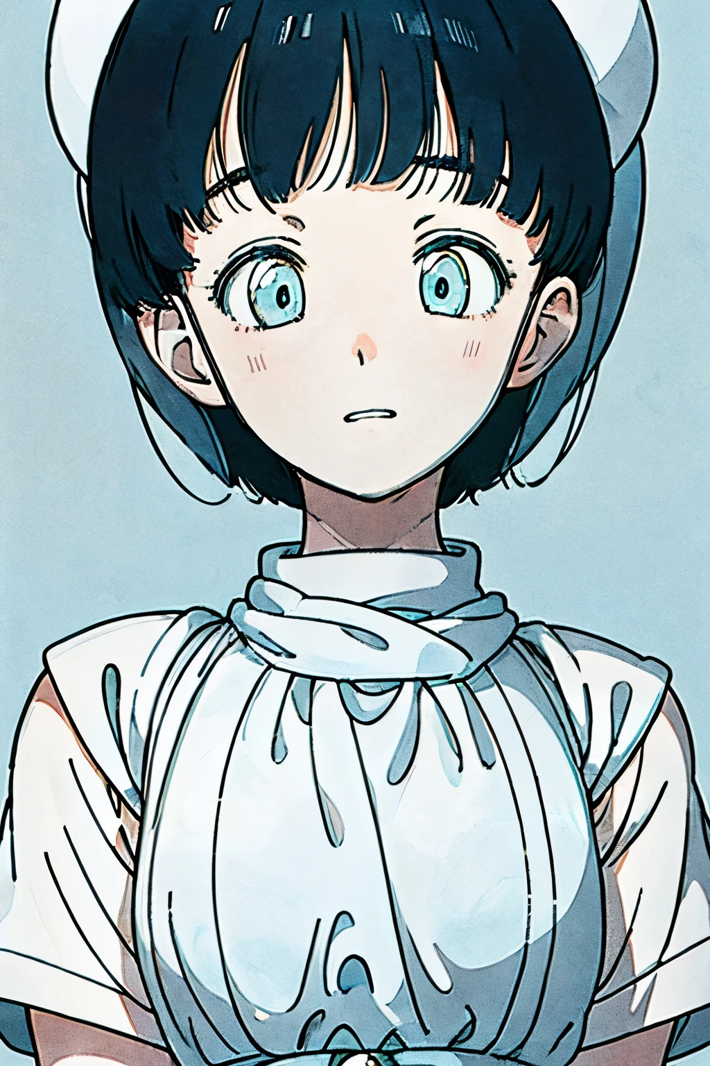 The background is plain white, upper body, detailed face, black hair, kind nurse, high quality, light blue clothes, ((gentle expression:1.5)), light blue eyes, short hair, round eyes,blunt bangs, nurse hat,((one woman:1.1)), smile