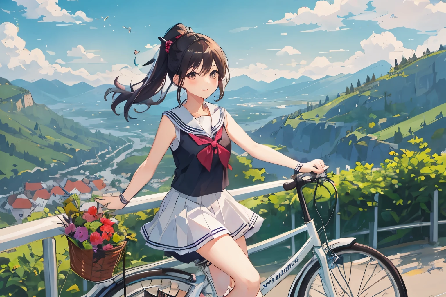 (masterpiece, highest quality:1.2), Reality、4K Anime Art、High  girl riding a bicycle, alone、whole body、ponytail、White Sailor Suit，Long pleated skirt、The costume is a sailor collar and ribbon uniform..、かわいいponytail、 Sleeveless、Knee-high socks、Road bike ride through the mountains、
Ideal for mountainous landscapes.。Scenic mountain々You can enjoy the natural beauty of the valleys and ravines..。smile