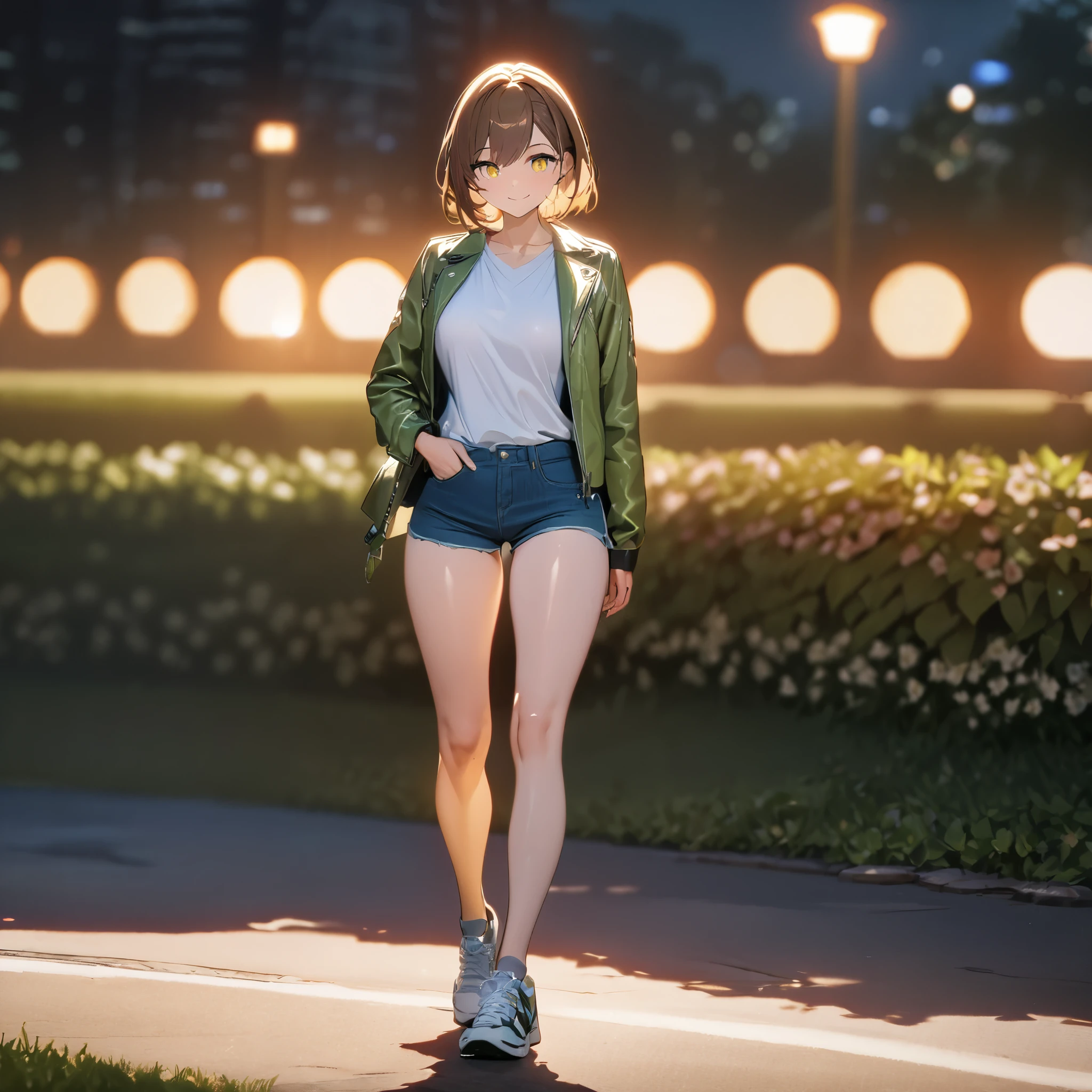 A woman wearing a light green leather jacket, wearing a tight white shirt, short denim shorts, wearing sports shoes, short brown hair, yellow eyes, smiling, walking in a park at night, with lighting in place, well-defined face, eyes perfect,full body.shadow, flower, UHD, masterpiece, accurate, anatomically correct, textured skin, super detail, high quality, best quality, 8k, high resolution, bokeh effect.( solo woman)
