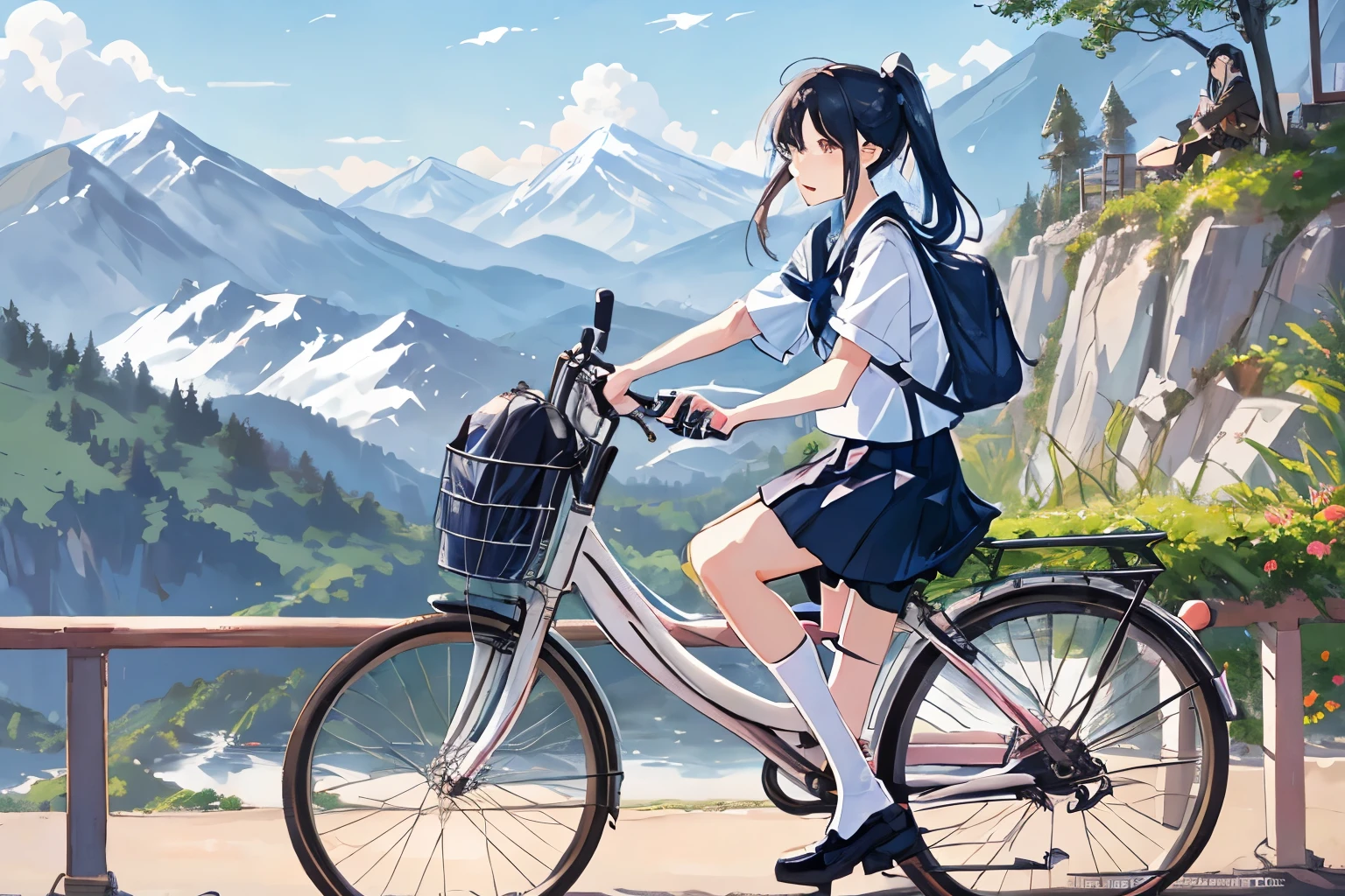 (masterpiece, highest quality:1.2), Reality、4K Anime Art、High  girl riding a bicycle, alone、whole body、ponytail、White Sailor Suit，Long pleated skirt、The costume is a sailor collar and ribbon uniform..、かわいいponytail、 Sleeveless、Knee-high socks、Road bike ride through the mountains、
Ideal for mountainous landscapes.。Scenic mountain々You can enjoy the natural beauty of the valleys and ravines..。smile