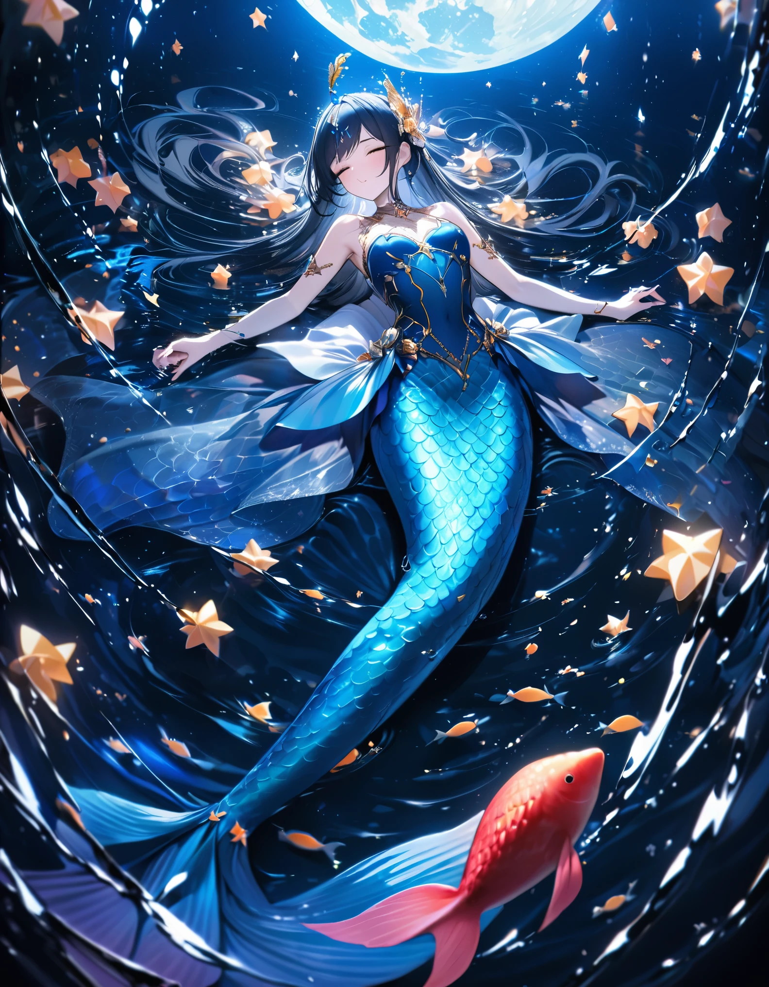 best quality, super fine, 16k, incredibly absurdres, extremely detailed, delicate and dynamic, beautiful mermaid princess lying on the sea surface, the big blue moon hides most of her body, night sky, stars, ripples, dazzling effects
