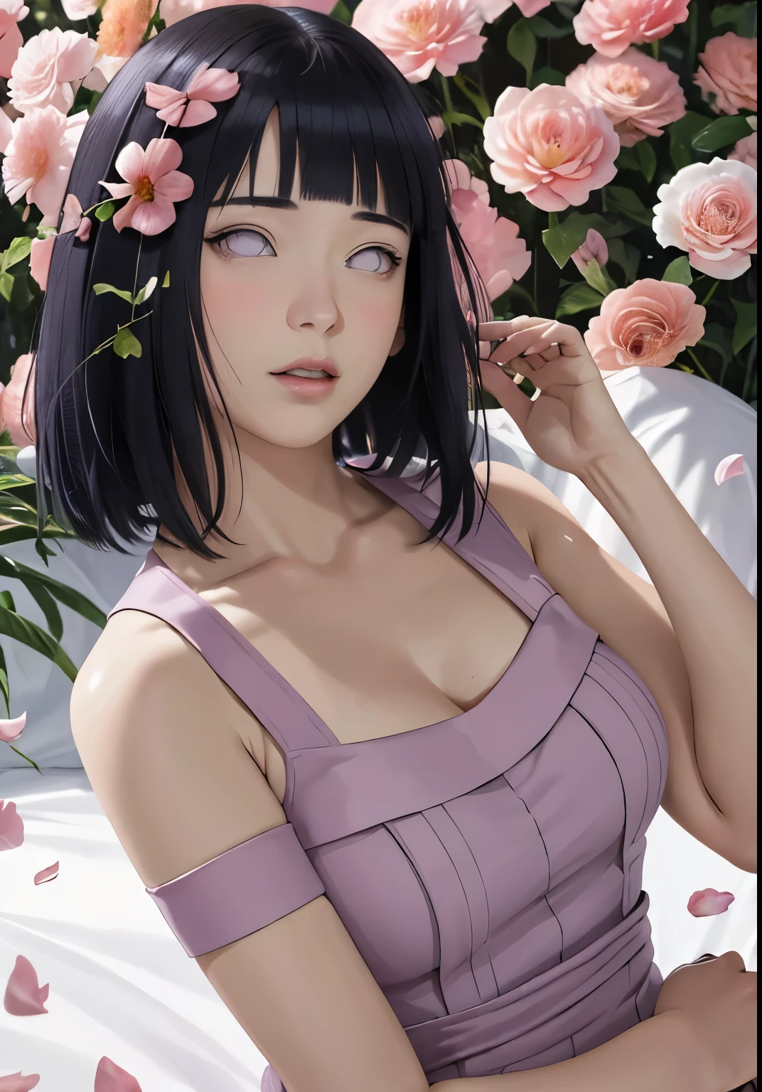 masterpiece, absurdres, hinata\(boruto\), 1girl, solo,mature female, spaghetti strap square neck, high waist short skirt, looking at viewer, (falling petals), perfect composition, detailed lips, big breast, beautiful face, body propotion, blush, (pink lips), long hair,  purple eyes,  soft gaze,  super realistic, detailed, photoshoot, realistic face and body,