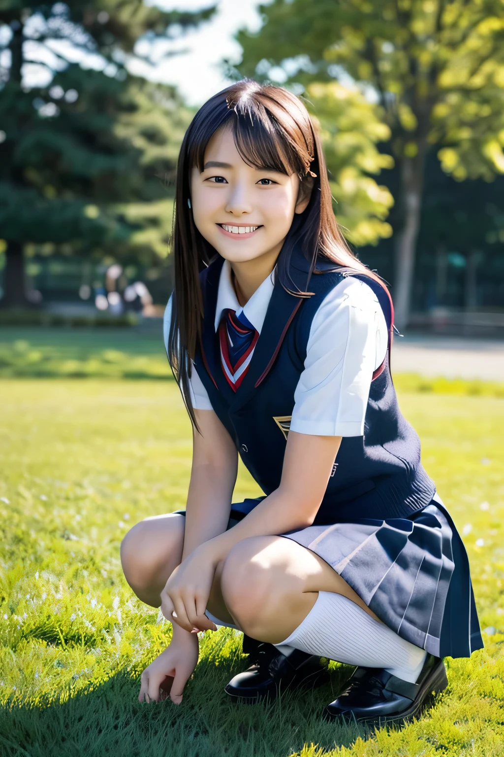 ((masterpiece)), japanese, (a girl), (18 years old), (((school uniform))), smiling, a park, dark blue knit vest, (crouch down on grass), (view from front), sunshine, thighs,