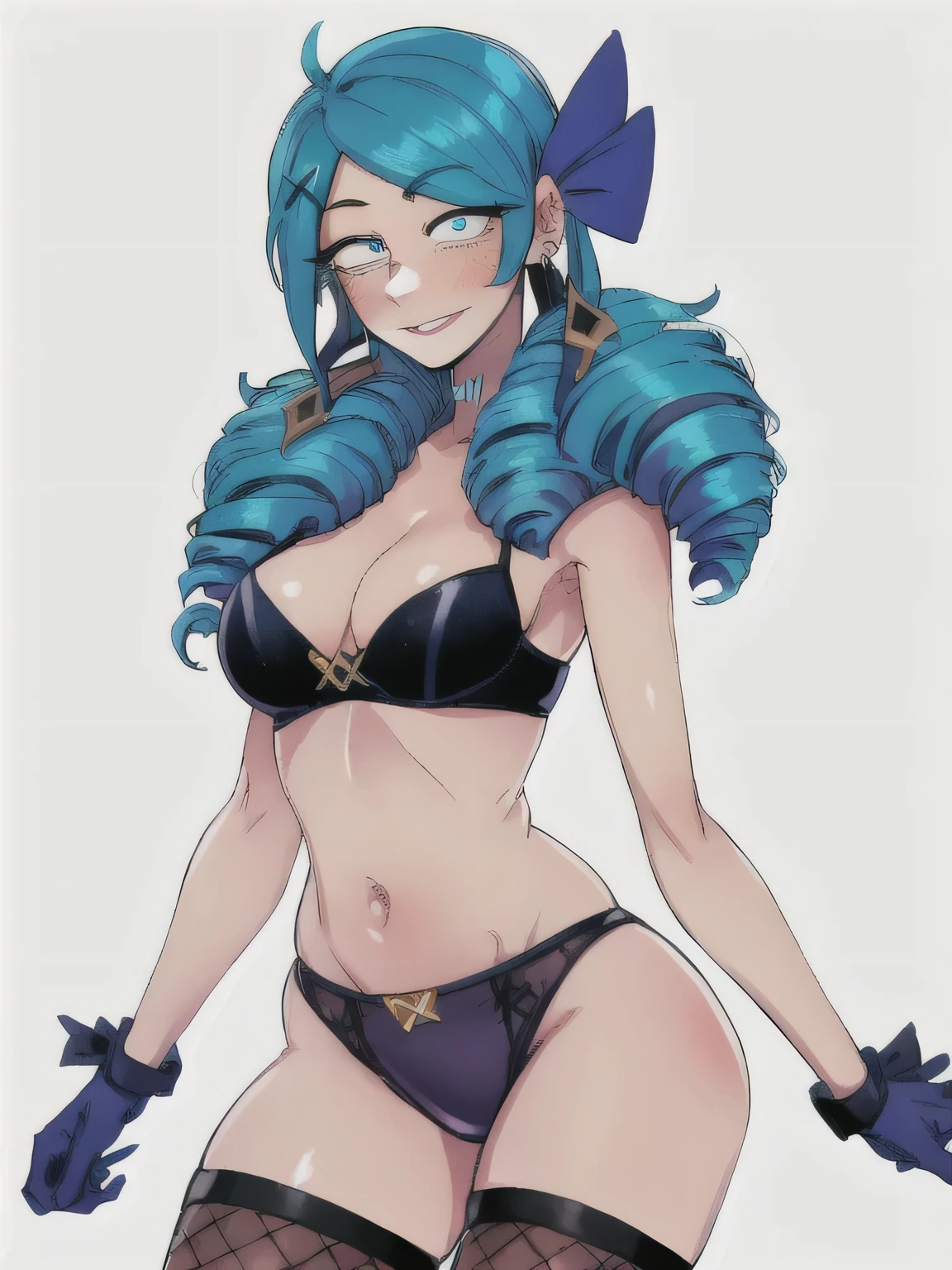 1 Girl, Blue eyes, blue hair, Drill hair, gwen \(League of Legends\), in red underwear, hair ornament, a high resolution, League of Legends, long hair, parted lips, pink pupils, smile, X, X hair ornament,