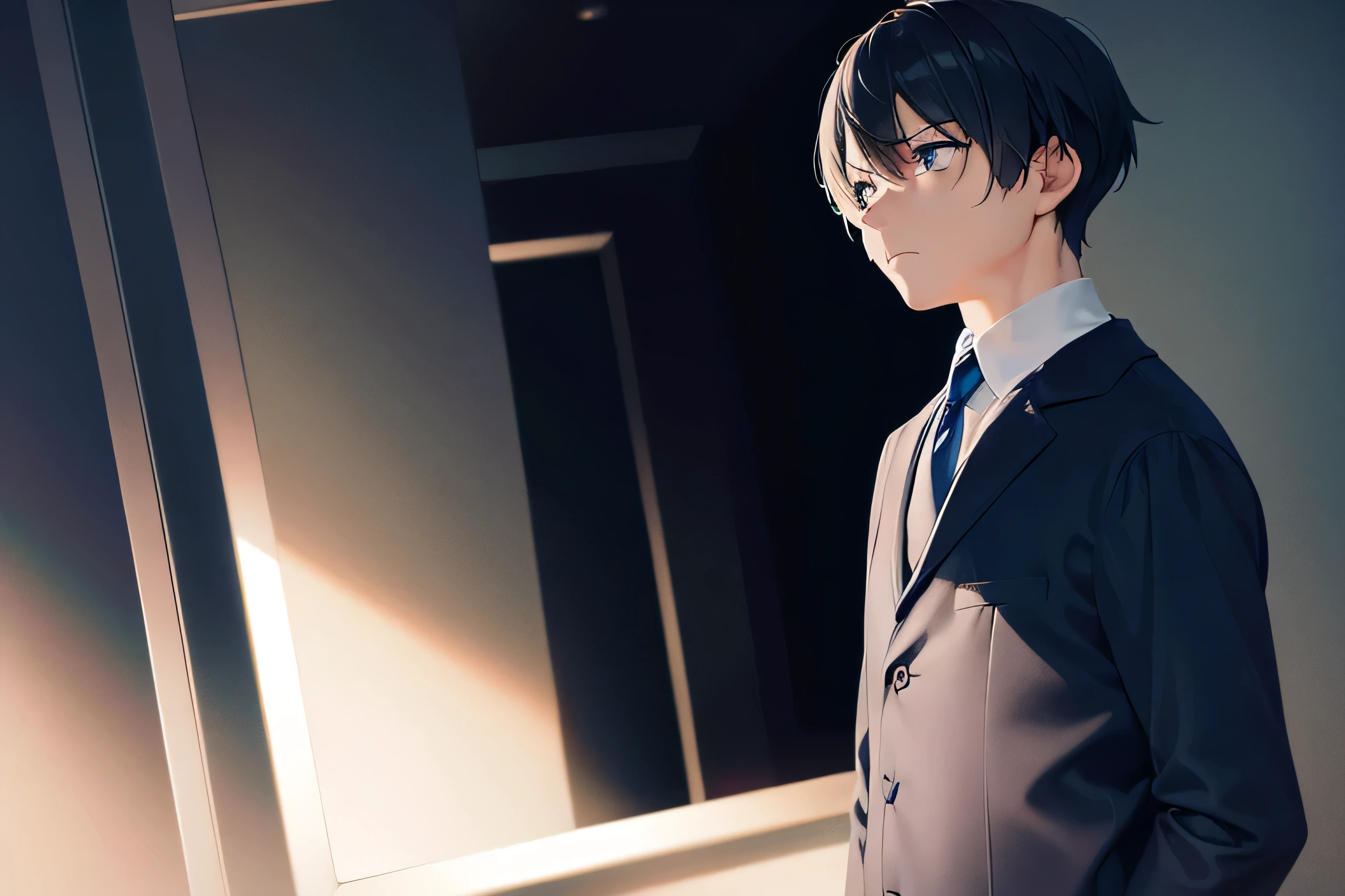 dutch angle, (looking away:2), masterpiece, high quality, 25-year-old man with short black hair and blue eyes, wearing a white shirt, wearing a dark blue tie, (Alone:2), (Expressionless:2), The background is a dark small closet, bold composition, dark lighting, dim lighting, subject on left side of picture, subject looking to right of picture, dark lighting, expressionless male, dark blue hue lighting, meek male, rolled up white sleeves, hiding in dark closet, stark contrasting light, small bright highlights, dark shadows, windowless