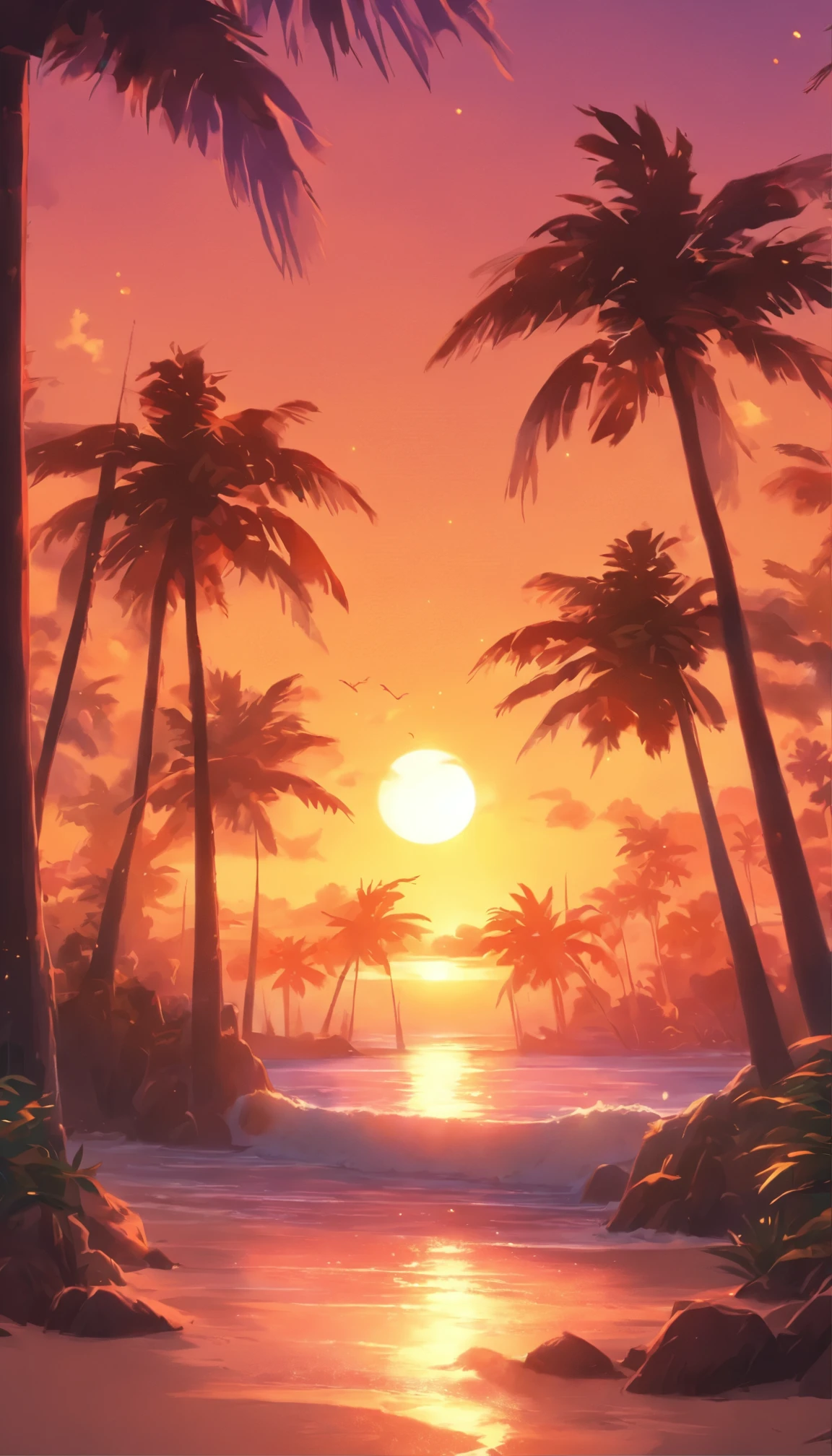 arafed view of a beach with palm trees and a sunset, a digital rendering by Lubin Baugin, unsplash, conceptual art, palm trees, with palm trees in the back, palm trees in the background, palmtrees, palm trees james gurney, palms, tropical palms, tropical trees, beautiful magical palm beach, tropical atmosphere, tropical vibe, coconut trees