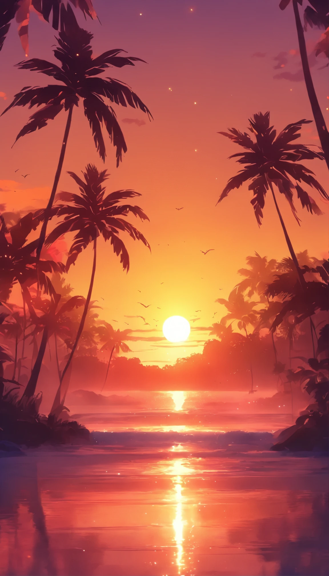 arafed view of a beach with palm trees and a sunset, a digital rendering by Lubin Baugin, unsplash, conceptual art, palm trees, with palm trees in the back, palm trees in the background, palmtrees, palm trees james gurney, palms, tropical palms, tropical trees, beautiful magical palm beach, tropical atmosphere, tropical vibe, coconut trees