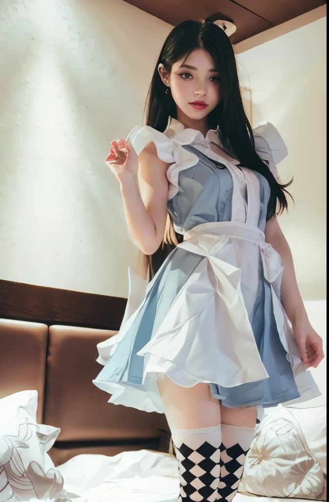 KATK，whole body，Top number,underwear,ultra HD resolution,ultra-fine face,long eyelashes,very detailed lips,delicate eyes,double eyelids,makeup face. hair accessories,elegant,enchanting,photorealistic,realistic,Checkered leg socks，