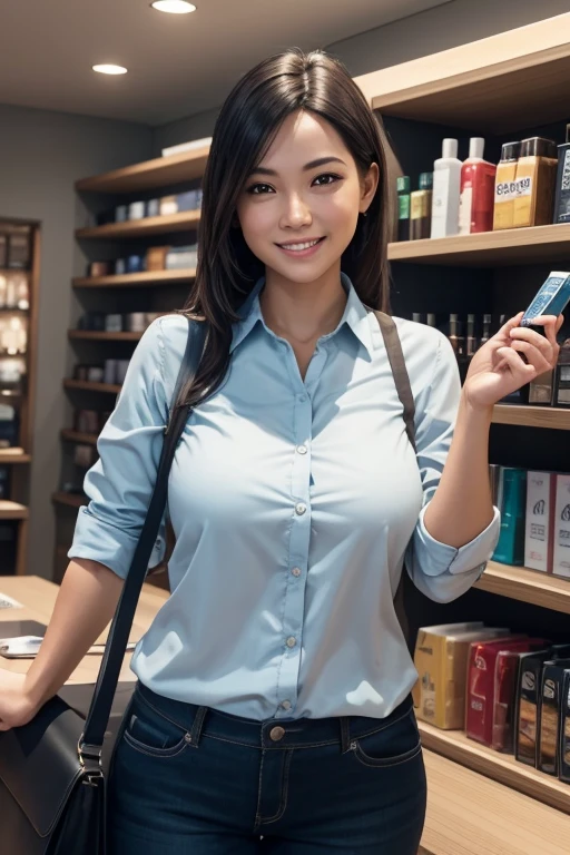 A livestream retailer standing confidently in a modern, well-lit studio, dressed in a professional business attire. The retailer is mature, exuding trustworthiness and professionalism, with a friendly and approachable demeanor. The background includes shelves neatly organized with products, a professional camera setup, and soft ambient lighting enhancing the scene. The retailer is engaging with the audience, smiling and holding a product while explaining its features. The image should have intricate fine details, hyper-realistic textures, and a warm, inviting atmosphere. HDRI for dynamic lighting, 32k UHD resolution, rendered with Blender, capturing every nuance of the scene.