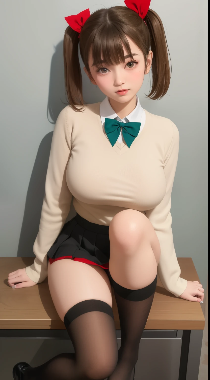Sana Kuranaka
masterpiece, best quality, sitting, huge breast, green eyes,brown hair, short hair,clip hair,long-sleeved white shirt, black sweater not sleeves, blue bow tie, red skirt, socks up to the calves, slim body, slim legs, thick thighs
