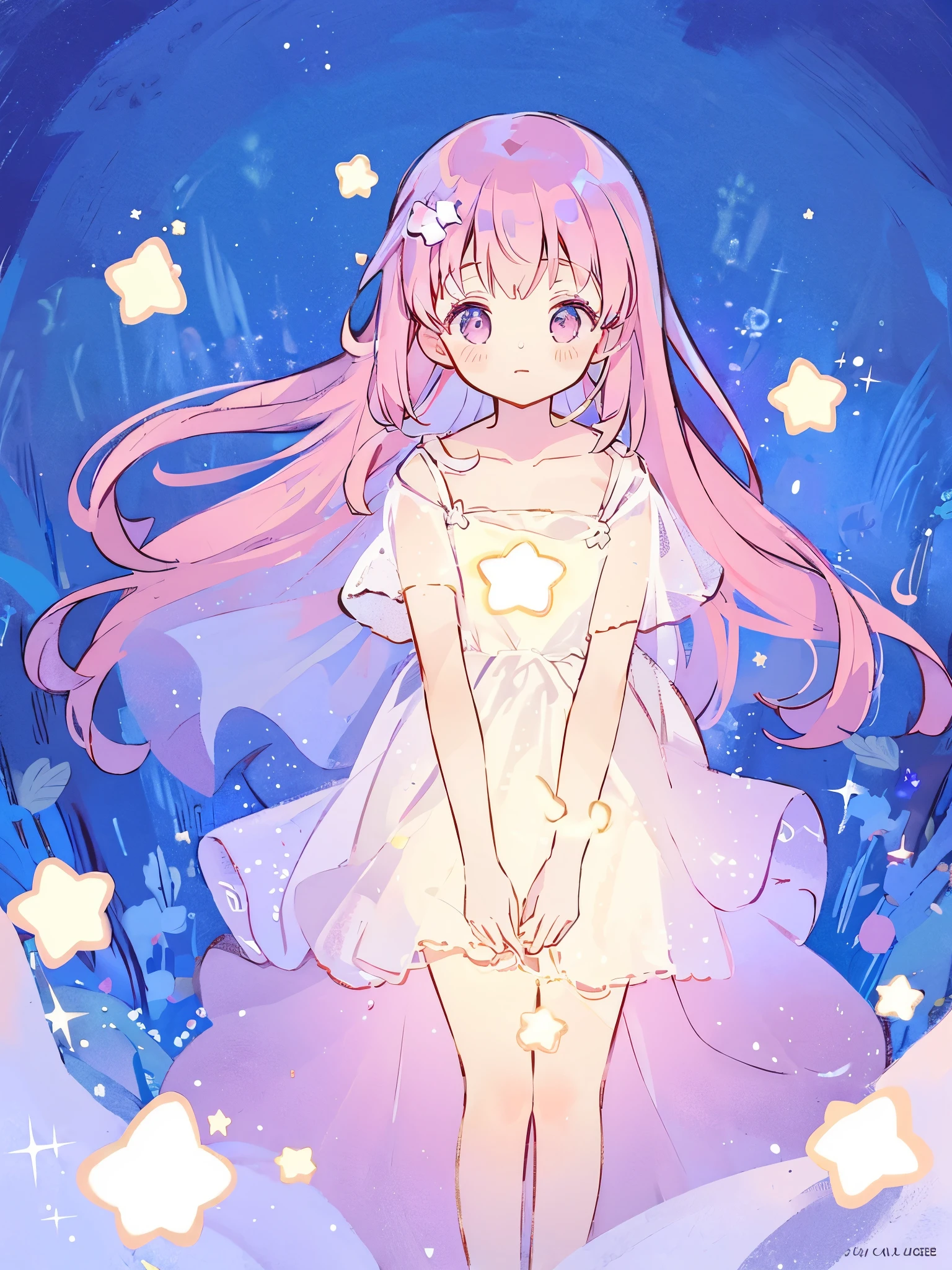 complex background, wishing star background, a woman wearing an ethereal mystical pink translucent dress that reflects the stars, perfume promo art, mystic, complex drawing, highly detailed, Covergirl brand, promo art, artistic rendition, ethereal, starry night, midjourney style