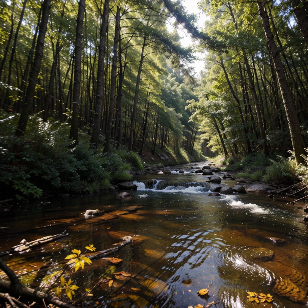 Stream running through forest, sun through trees, 