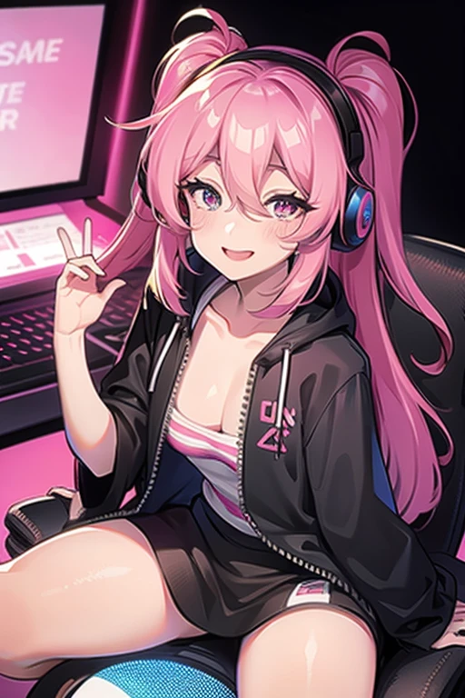 Islafe, One girl, masterpiece, Ultra-high quality CG, Best Quality, Girl Solo, Hair length, Gaming Platform, Gaming PC, pink theme room, Gaming Keyboard, Gaming Headphones, Video Game Consoles