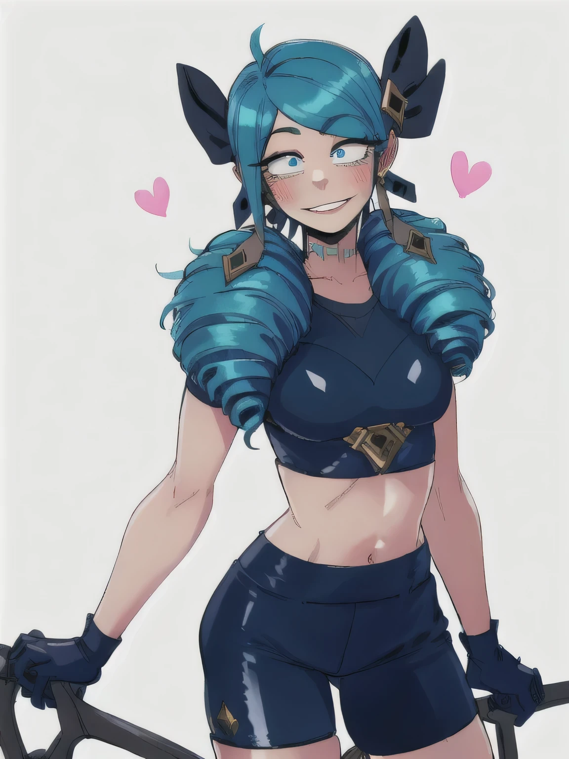 1 Girl, Blue eyes, blue hair, Drill hair, gwen \(League of Legends\), in black cycling shorts and a crop top, hair ornament, a high resolution, League of Legends, long hair, parted lips, pink pupils, smile, X, X hair ornament,