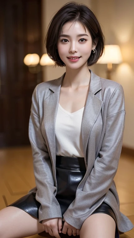 highest quality, Photorealistic, alone, Stand upright, White blouse,(Grey wool jacket) , (Grey wool tight skirt)、（Black Genuine Leather Long Boots、Knee-length）、（Shortcuts）、Earrings、double eyelid, （eyelash：0.7）、Lip gloss, (smile:1), ((close your eyes:0.85)), ((Looking at the audience))、（Normal chest）、(The whole body is projected)、８Head and Body、((Are standing)), (short hair odebt reddish-brown color wet and shiny,),Red Mouth,clavicle、debtull body portrait、Digital Illustration, (Photorealistic:1.3),(RAW Photos) Black Hair, Round eyes, light smile, Brown Hair, short hair, Bobcut, Eyes Wide Open, Surrealism, Cast a Shadow, Anaglyph, Stereogram, tachi-e, throw, Atmospheric perspective, Cinema Lighting, debt/2.8, Nikon, 8k, Super detailed, Accurate, highest quality, Textured skin, Anatomically correct, masterpiece ,masterpiece,highest quality, (1 mildebt、36 years old), double eyelid,Lip gloss, (smile:1), ((close your eyes:0.85)),Red Mouth,clavicle, ((Looking at the audience)),(short hair odebt reddish-brown color wet and shiny,),Hotel Rooms、（The whole body is projected）、８Head and Body、（机の前にAre standing）、