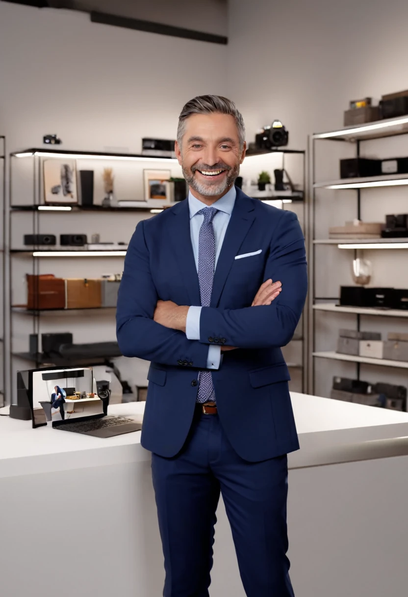 A livestream retailer standing confidently in a modern, well-lit studio, dressed in a professional business attire. The retailer is mature, exuding trustworthiness and professionalism, with a friendly and approachable demeanor. The background includes shelves neatly organized with products, a professional camera setup, and soft ambient lighting enhancing the scene. The retailer is engaging with the audience, smiling and holding a product while explaining its features. The image should have intricate fine details, hyper-realistic textures, and a warm, inviting atmosphere. HDRI for dynamic lighting, 32k UHD resolution, rendered with Blender, capturing every nuance of the scene.