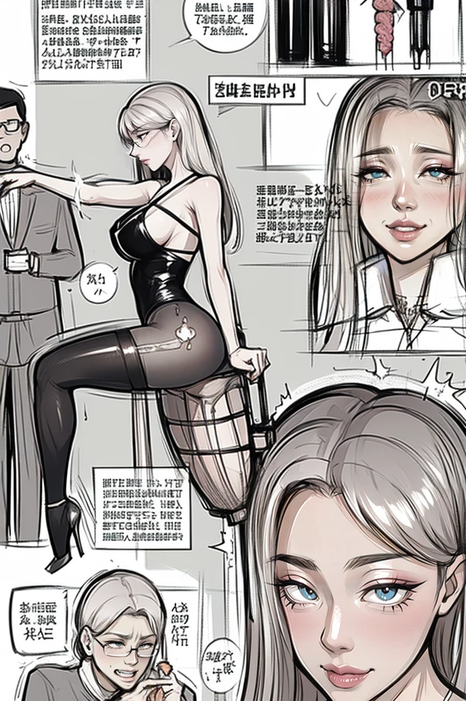 The beautiful girl in lace top and leggings is sitting astride a pile of skeletons in the center of the picture. She is holding a trembling sausage with juice squeezed out in her hand and smiling. There are multiple comic storyboards in the background,cbt, sausage bondage,sausage insertion,Sexy, trampling sausage with high heels heel,(masterpiece, best quality:1.2),1 beautiful girl,sexy,comic storyboard:2, leggings, sit astride, axially symmetrical:2, ,femdom,sounding,cbt,hold,smile,colorful,leggings,thin gap,cameltoe,insertion,trembling,juice,spray, Long hair,Lace top,Sexy, Shiny leggings, High heel,cleveage, trampling, in forest, saliva , Mucus,