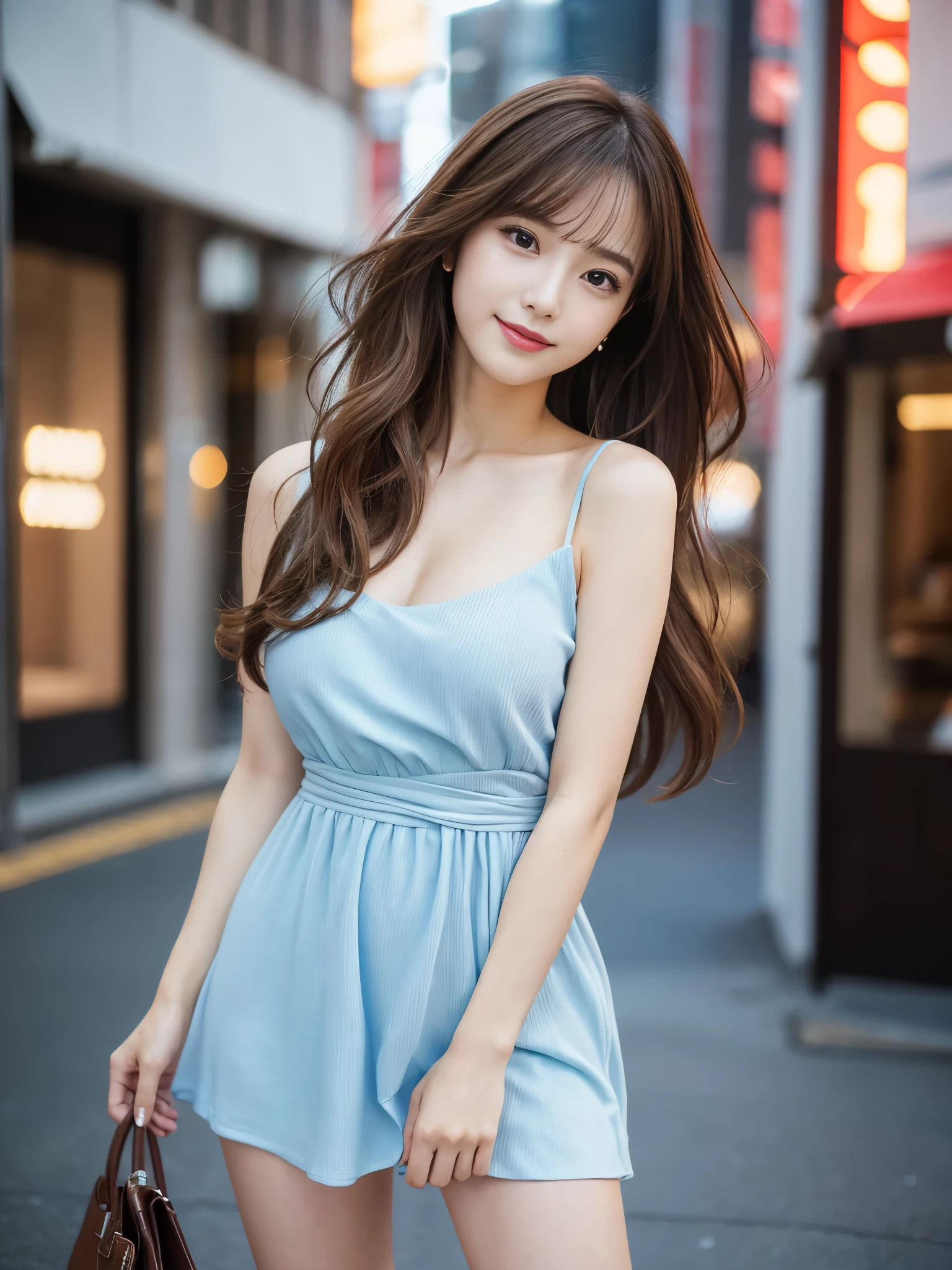 (Detailed skin:1.2),(Shiny skin:1.1),8k,highest quality, masterpiece, Ultra-high resolution,(Realistic:1.4), RAW Photos,(Soft Saturation:1.3),(Fair skin:1.2),Japanese Idols,repair,20 years, Brown Hair, Medium Hair, Asymmetrical Hair, Wavy Hair, Perfect Anatomy,
 (Pretty face:1.4), (Big Breasts, Tight waist), Beautiful lighting, Small Head,
(Random color mini dress:1.2,), Highly detailed face, Highly detailed lips, fine grain, double eyelid,, ((Full Body Shot)), Sharp focus: 1.2, Beautiful woman with perfect figure: 1.2、Random Pause，Accentuate the lines of your legs、smile、