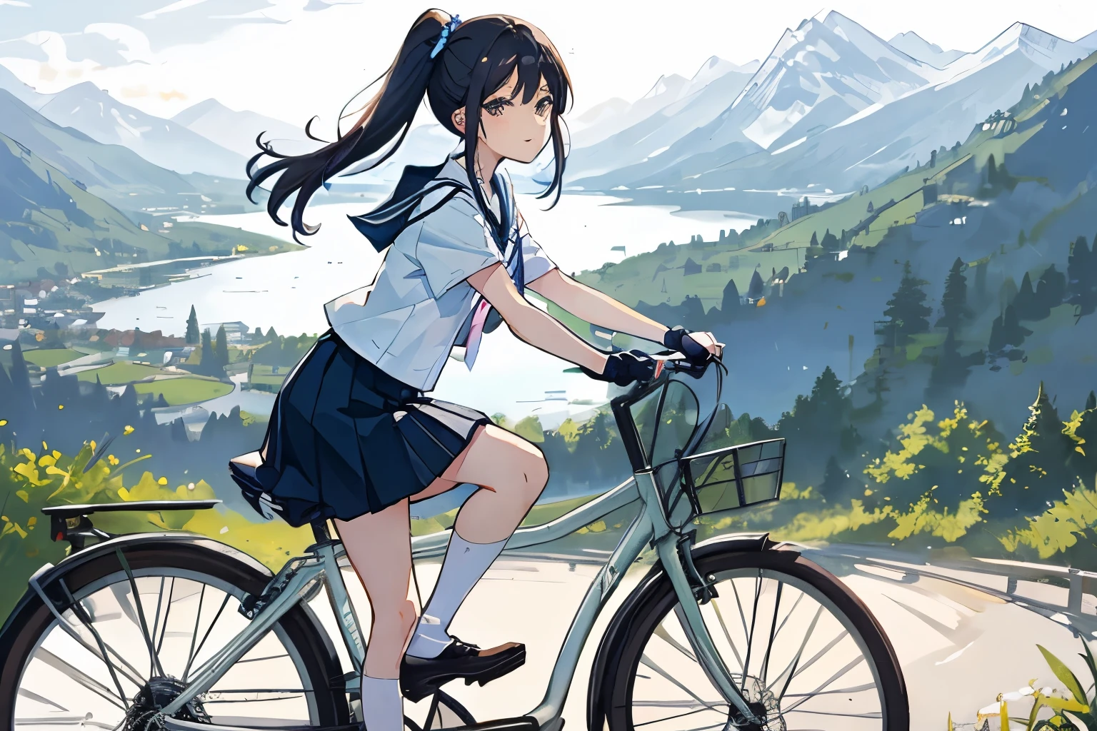 (masterpiece, highest quality:1.2), Reality、4K Anime Art、High school girl riding a bicycle, alone、whole body、ponytail、White Sailor Suit,Long pleated skirt、The costume is a sailor collar and ribbon uniform..、かわいいponytail、 Sleeveless、Knee-high socks、Pleated mini skirt、Road bike ride through the mountains、
Road bikes can run smoothly even on hills and mountain paths., Ideal for mountainous landscapes.。Scenic mountain々You can enjoy the natural beauty of the valleys and ravines..。smile