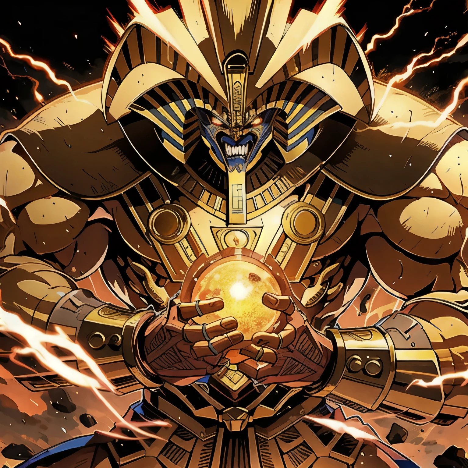 a highly detailed, creating lightning orb , detailed anime style , biceps and arms , perfect hands , menacing look , cinematic, realistic details , masterpiece, Exodia, the legendary Egyptian villain, bodybuilder , edgy, and gigantic stance, lightning background , high contrast shadow , volumetric light , volumetric shadow , jewel , wearing intricate Egyptian gauntlets, full body
