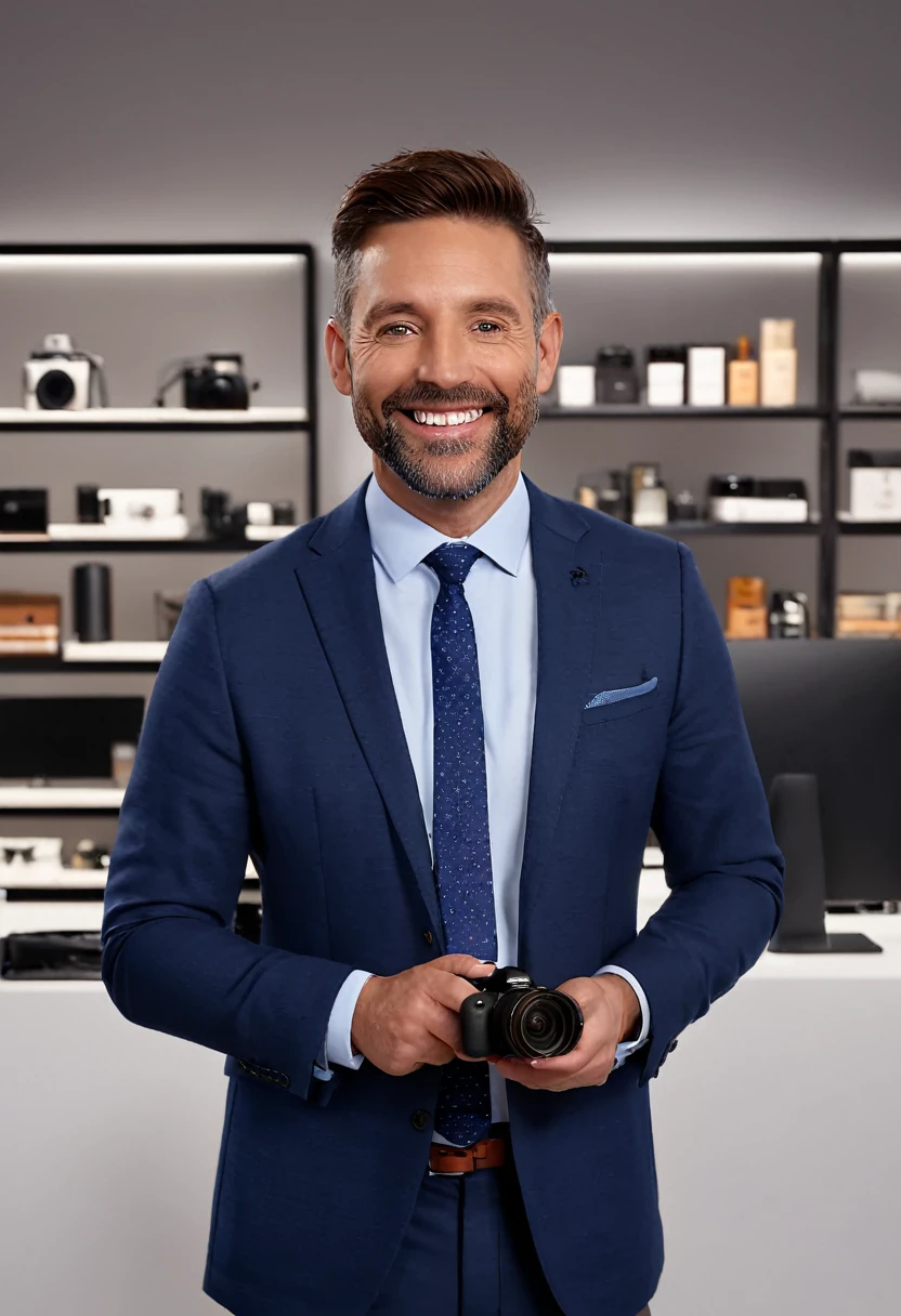 A livestream retailer standing confidently in a modern, well-lit studio, dressed in a professional business attire. The retailer is mature, exuding trustworthiness and professionalism, with a friendly and approachable demeanor. The background includes shelves neatly organized with products, a professional camera setup, and soft ambient lighting enhancing the scene. The retailer is engaging with the audience, smiling and holding a product while explaining its features. The image should have intricate fine details, hyper-realistic textures, and a warm, inviting atmosphere. HDRI for dynamic lighting, 32k UHD resolution, rendered with Blender, capturing every nuance of the scene.