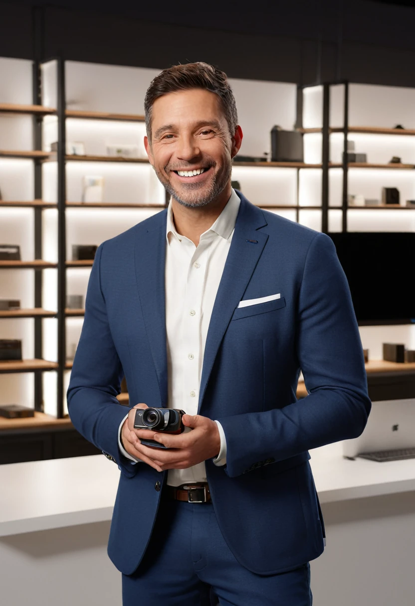 A livestream retailer standing confidently in a modern, well-lit studio, dressed in a professional business attire. The retailer is mature, exuding trustworthiness and professionalism, with a friendly and approachable demeanor. The background includes shelves neatly organized with products, a professional camera setup, and soft ambient lighting enhancing the scene. The retailer is engaging with the audience, smiling and holding a product while explaining its features. The image should have intricate fine details, hyper-realistic textures, and a warm, inviting atmosphere. HDRI for dynamic lighting, 32k UHD resolution, rendered with Blender, capturing every nuance of the scene.