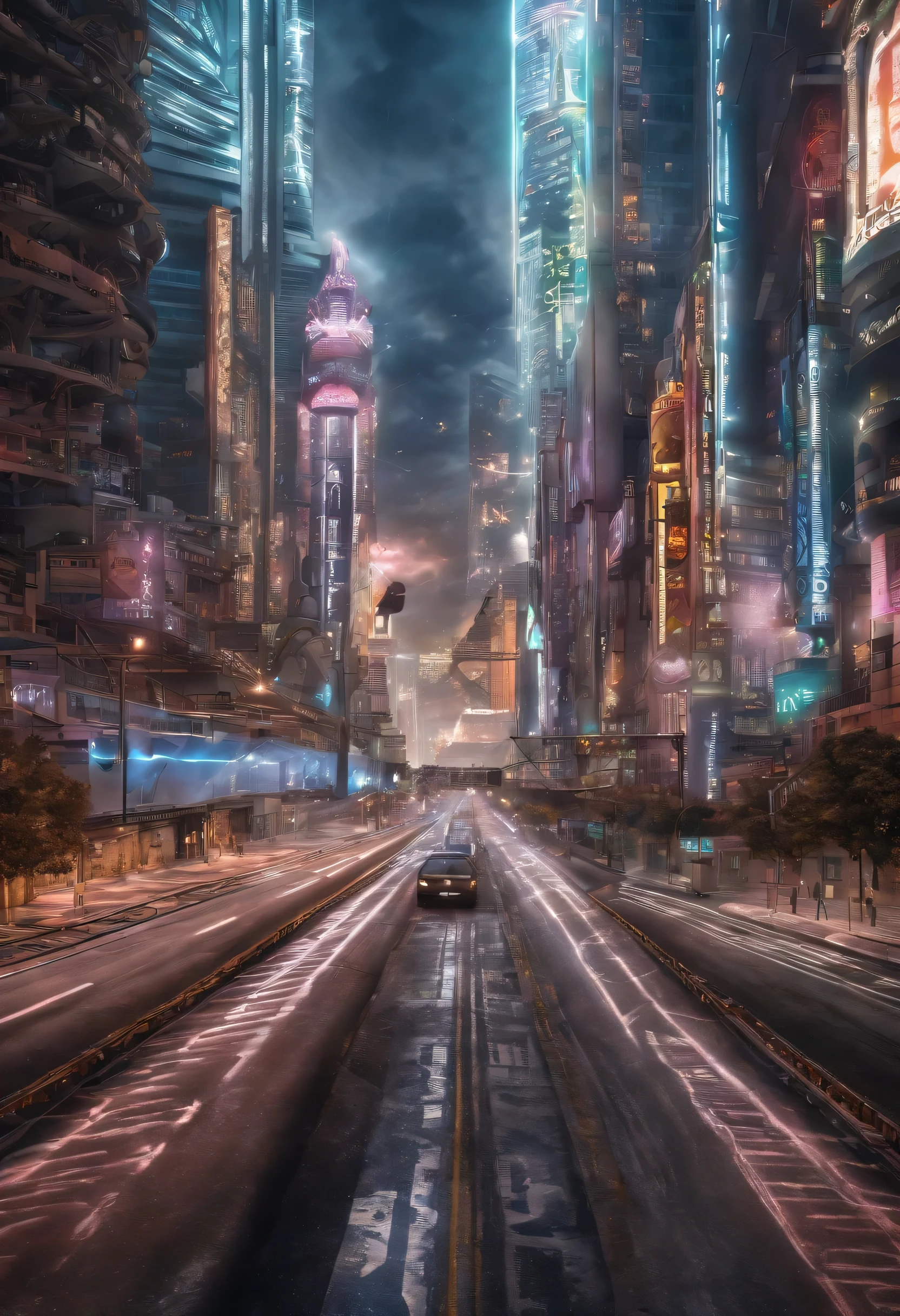 Photo-realistic, Electric Spectacular, Mirage of the future city, Straight road backwards, 8K, Very detailed, Extreme coloring, Spirit