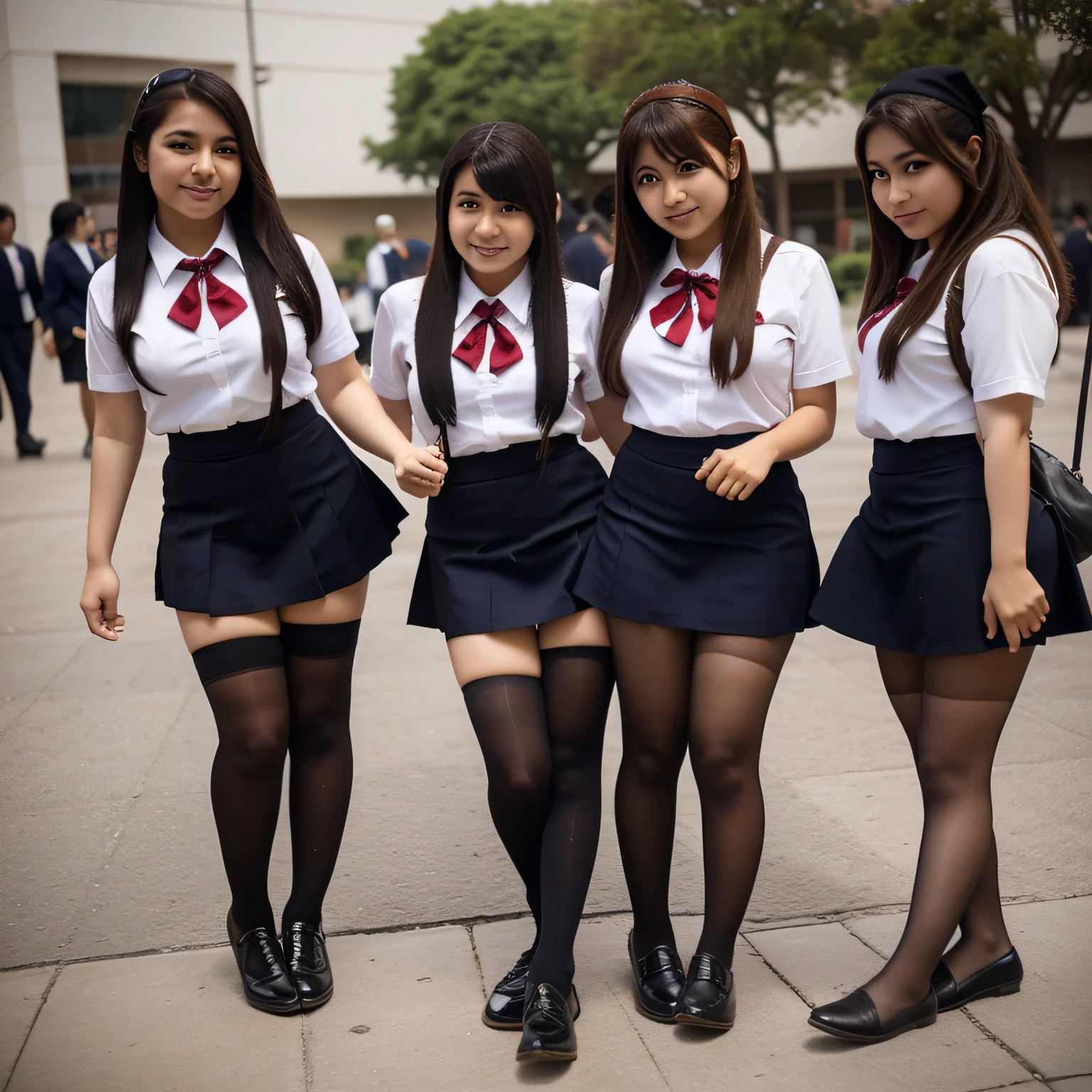 a group of mexican girls on anime convention on pantyhose falls to the ground