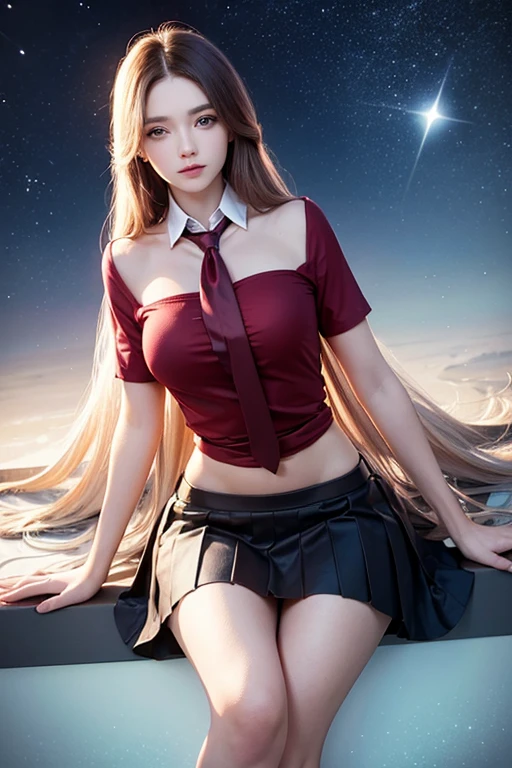 Gorgeous young adult caucasian female long hair, brunette, blue eyes; anatomically accurate; shapely, toned figure; wearing a red buttoned shirt, a tie and a black knee-length skirt. She exudes confidence and smartness but is a at heart, and loves sweet treats and plushies. She is fascinated with the stars. She looks towards the night sky, the stars reflecting in her eyes, sitting beside the viewer.