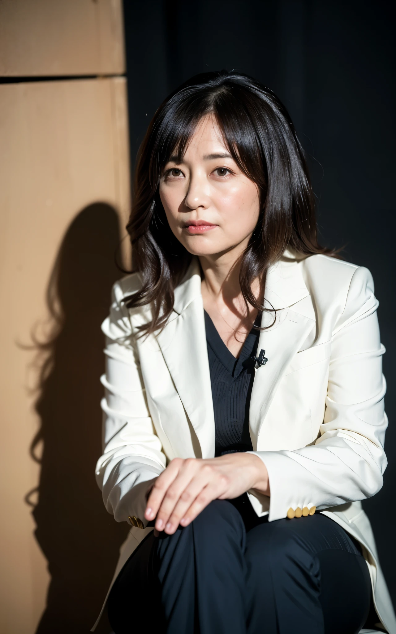 ((Best Quality, 8k, Masterpiece: 1.3)), Photorealistic, Sharp Focus, High Quality, High Definition, Portrait, Solo, Japan, Middle Aged Woman, Beauty, 43 years old, Plump, Wavy Hair, Business suit, Wrinkles at the corners of the eyes, Open legs, Narrow backyard, Lots of boxes, Lots of files, Dark background