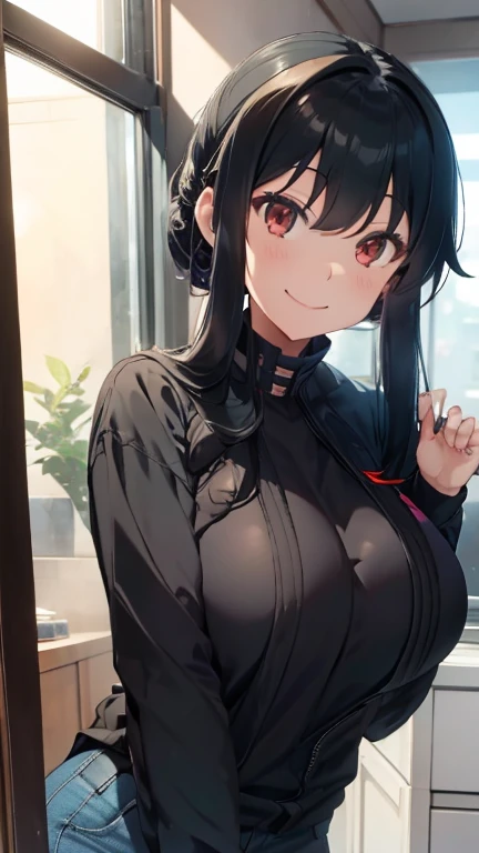 Yor Forger,Big Breasts,Black jacket,Jeans pants,In front of the front door of your home,Smiling expression,Mouth open,Head tilted 15 degrees,