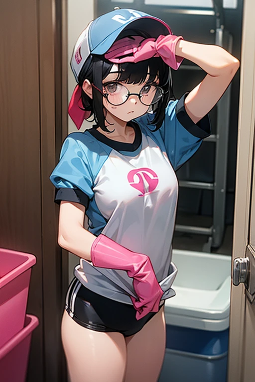 A black-haired, ugly  girl wearing glasses and a short-sleeved gym uniform and a gym cap is trying to put on large pink rubber gloves in front of the cleaning supplies cupboard in the bathroom.