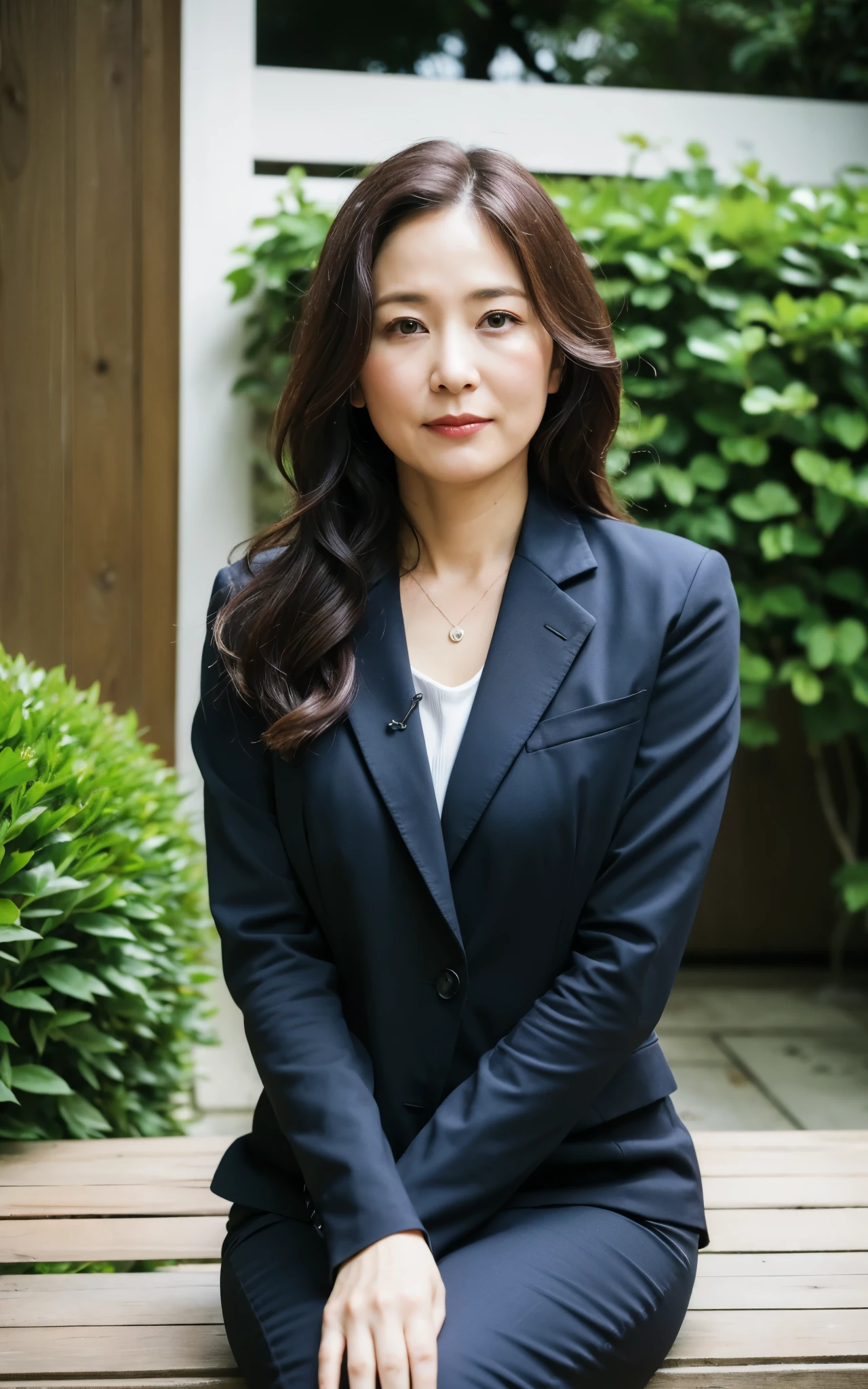 ((Best Quality, 8k, Masterpiece: 1.3)), Photorealistic, Sharp Focus, High Quality, High Definition, Portrait, Solo, Japan, Middle Aged Woman, Beauty, 43 years old, Plump, Wavy Hair, Business suit, Wrinkles at the corners of the eyes,  Open legs, Narrow backyard, Lots of boxes, Lots of files, Dark background