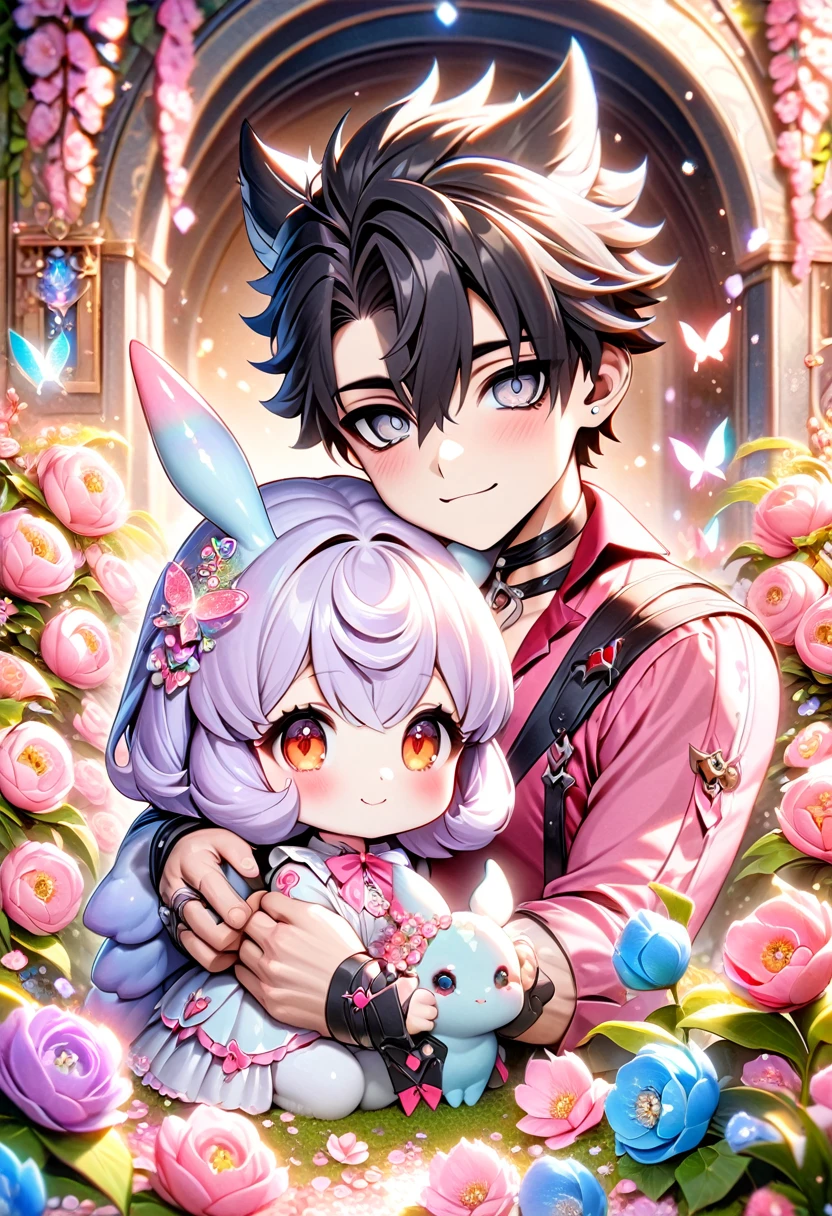 (absurdres, highres, ultra detailed, HDR) master piece, best quality, perfect face, Wriothesley, black hair, expressive gray eyes, genshin impact, happy, handsome man together with a cute small girl, Sigewinne, light-purple hair, expressive orange eyes, pink flowers, glass pink petals, glass pink butterflies, glass garden, glass blossoms, everything made with glass, pink gemstones