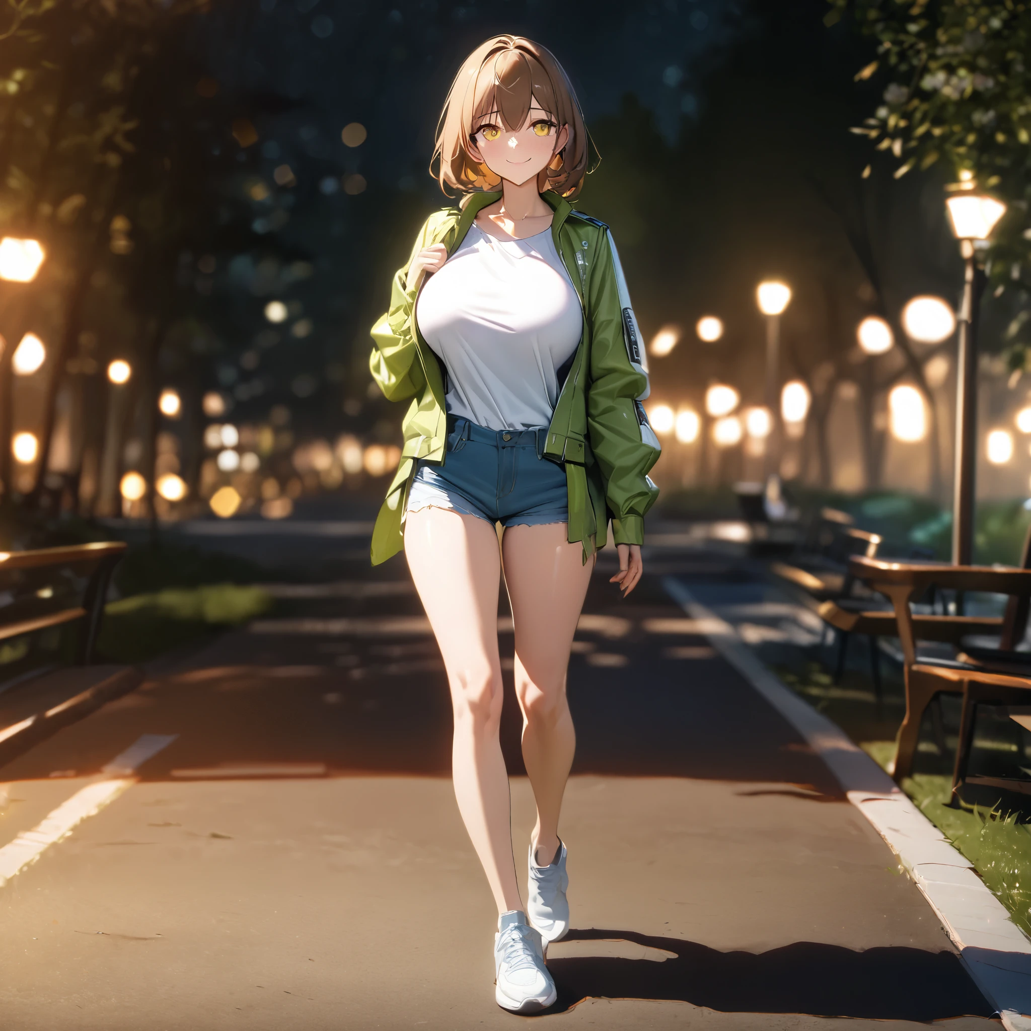 A woman wearing a light green leather jacket, wearing a tight white shirt, short denim shorts, big breast, wearing sports shoes, short brown hair, yellow eyes, smiling, walking in a park at night, with lighting in place, well-defined face, eyes perfect,full body.shadow, flower, UHD, masterpiece, accurate, anatomically correct, textured skin, super detail, high quality, best quality, 8k, high resolution, bokeh effect.( solo woman)
