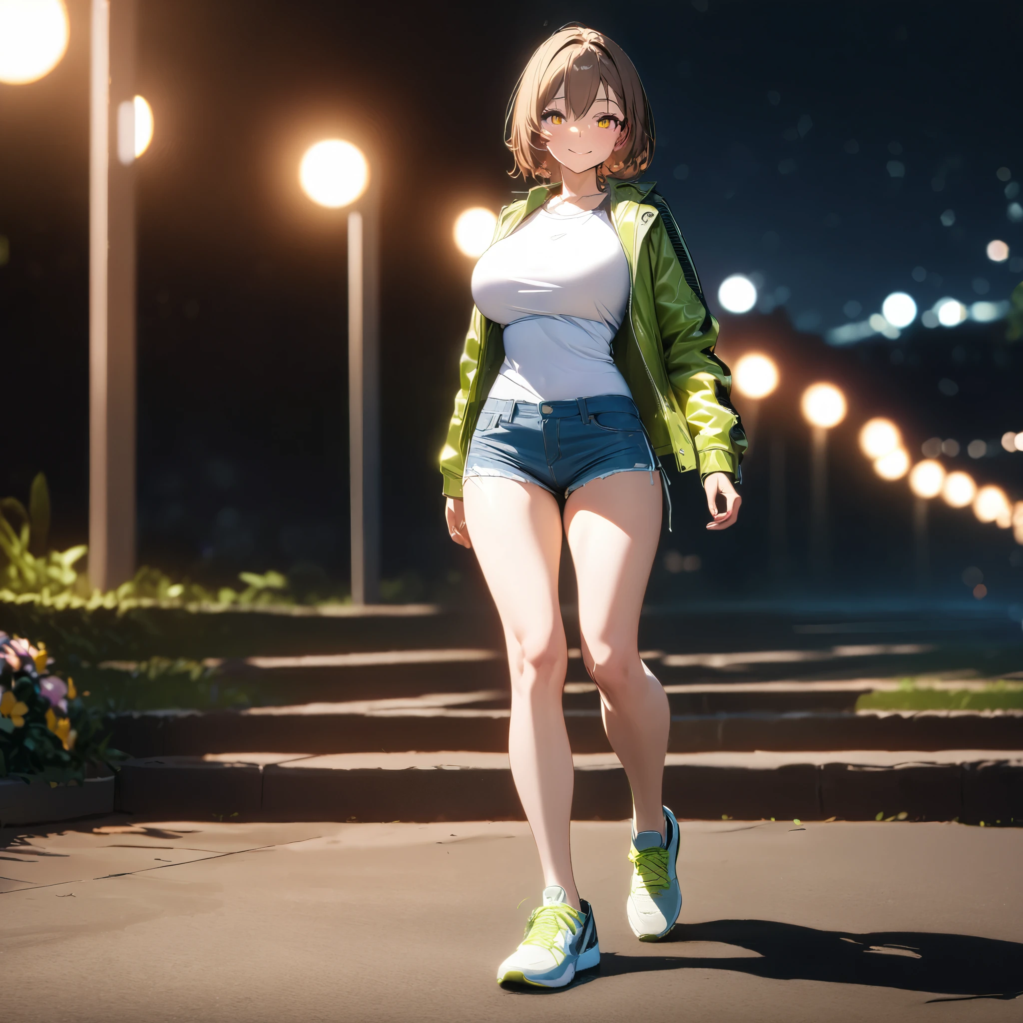 A woman wearing a light green leather jacket, wearing a tight white shirt, short denim shorts, big breast, wearing sports shoes, short brown hair, yellow eyes, smiling, walking in a park at night, with lighting in place, well-defined face, eyes perfect,full body.shadow, flower, UHD, masterpiece, accurate, anatomically correct, textured skin, super detail, high quality, best quality, 8k, high resolution, bokeh effect.( solo woman)
