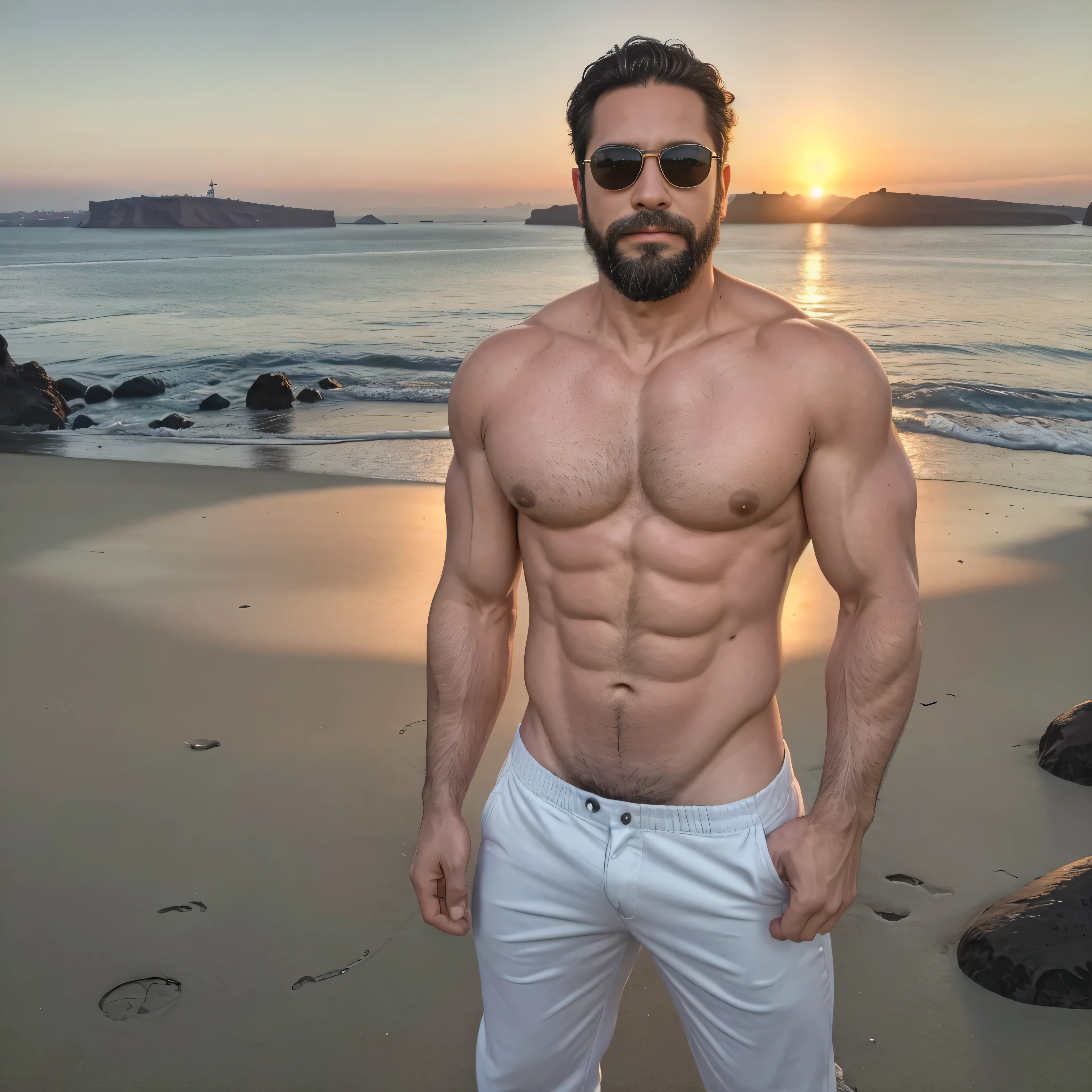 Create an image of an extremely sexy 38-year-old man with a well-groomed beard and stylish sunglasses.. el deberia estar sin camisa, mostrando la parte superior de su cuerpo tonificada, mientras usa pantalones elegantes. The background should feature one of the most impressive landscapes in the world., like a pristine beach at sunset, los impresionantes acantilados de Santorini, or the iconic New York City skyline. The environment should enhance its attractiveness., with soft lighting that highlights his muscular physique and confident persona, seductive expression on her face.