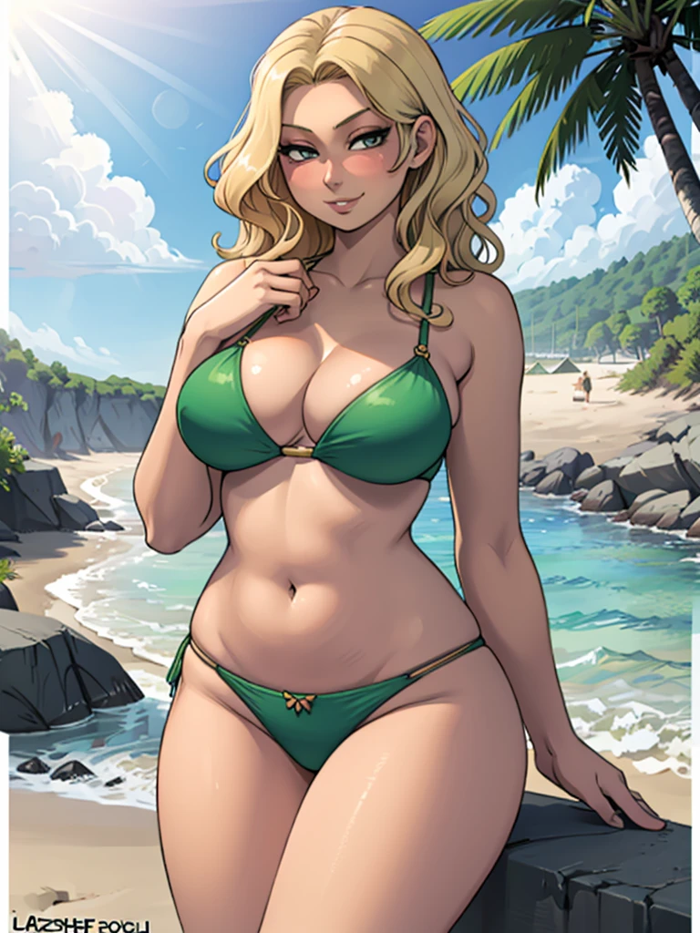 high_aesthetic,art by Lazorchef, ((Masterpiece, best quality, perfect lighting, amazing shading)), perfect anatomy, field of depth, extremely beautiful, long blonde hair, wavy hair, green bikini, cute smile, (skinny), (cleavage), blushing, beach background, detailed background