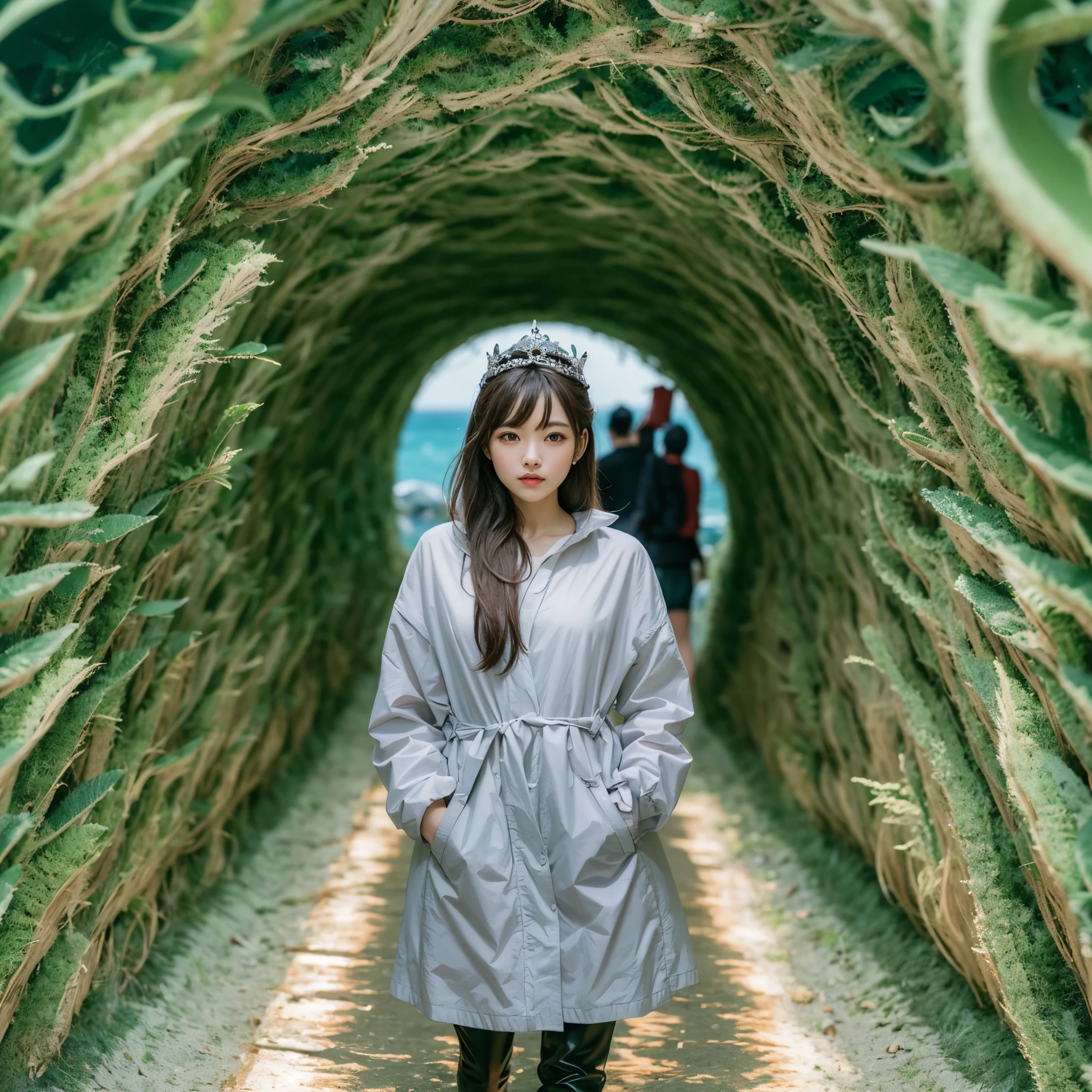 Best quality,masterpiece,16k,Artistic,Polar Coordinate Tunnel,A tunnel surrounded by sea waves,Special effect,Inception,Fantasy,1girl,Dynamic poses,Looking at the camera,